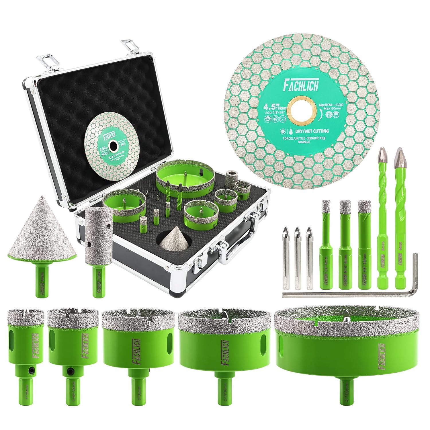 Tile Hole Saw Kit - 16pcs Diamond Hole Saw (6/8/10/25/35/50/65/100mm) with Finger Bit and Chamfer Bit, Tile Drill Bits for Porcelain Ceramic Marble Brick Granite