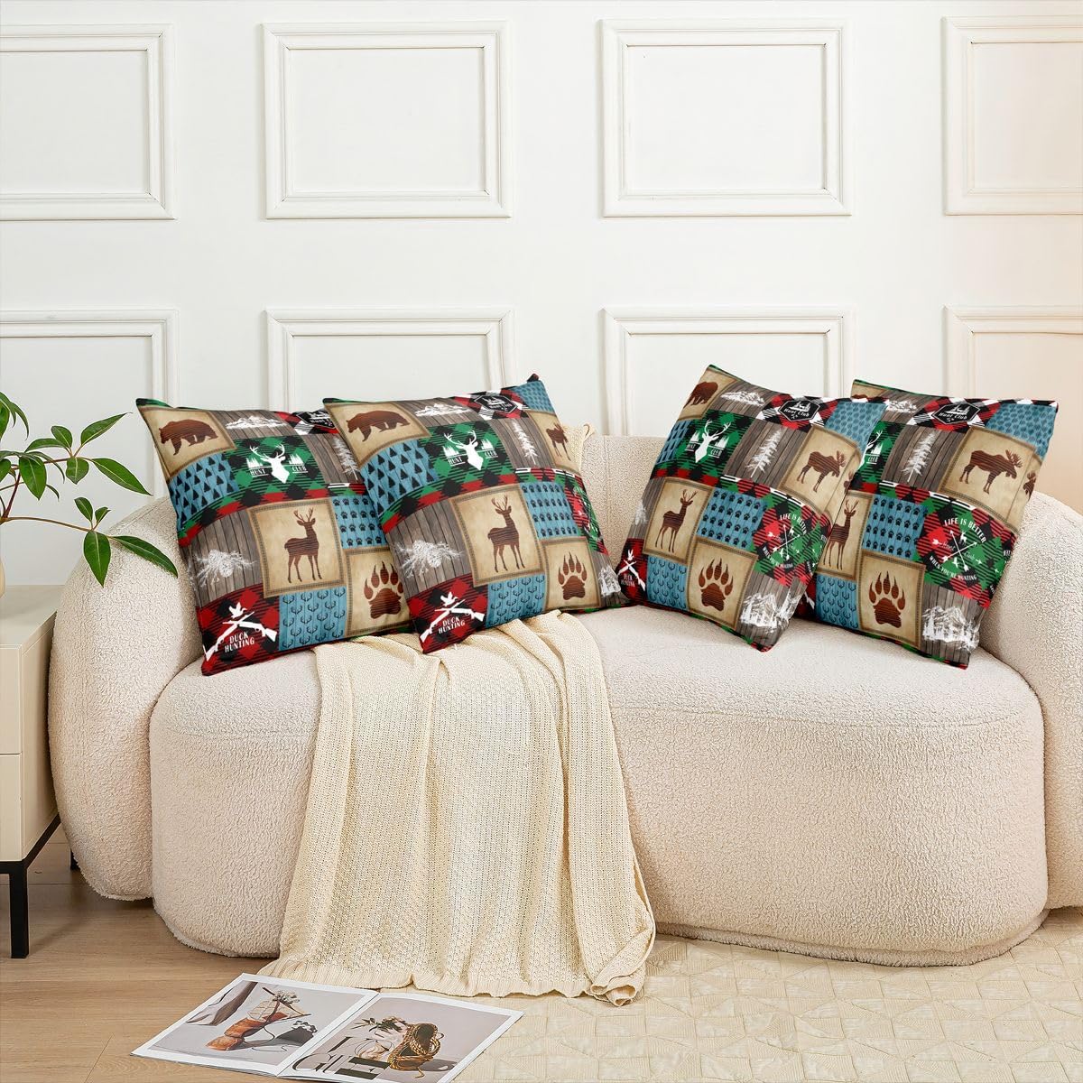 Buffalo Grid Throw Pillow Covers 24x24 Inch Set of 2 Hunting Bear Deer Pillow Covers for Sofa Rustic Farmhouse Style Cushion Cases Christmas Moose Wild Animals Decorative Pillow Covers Brown Red Blue