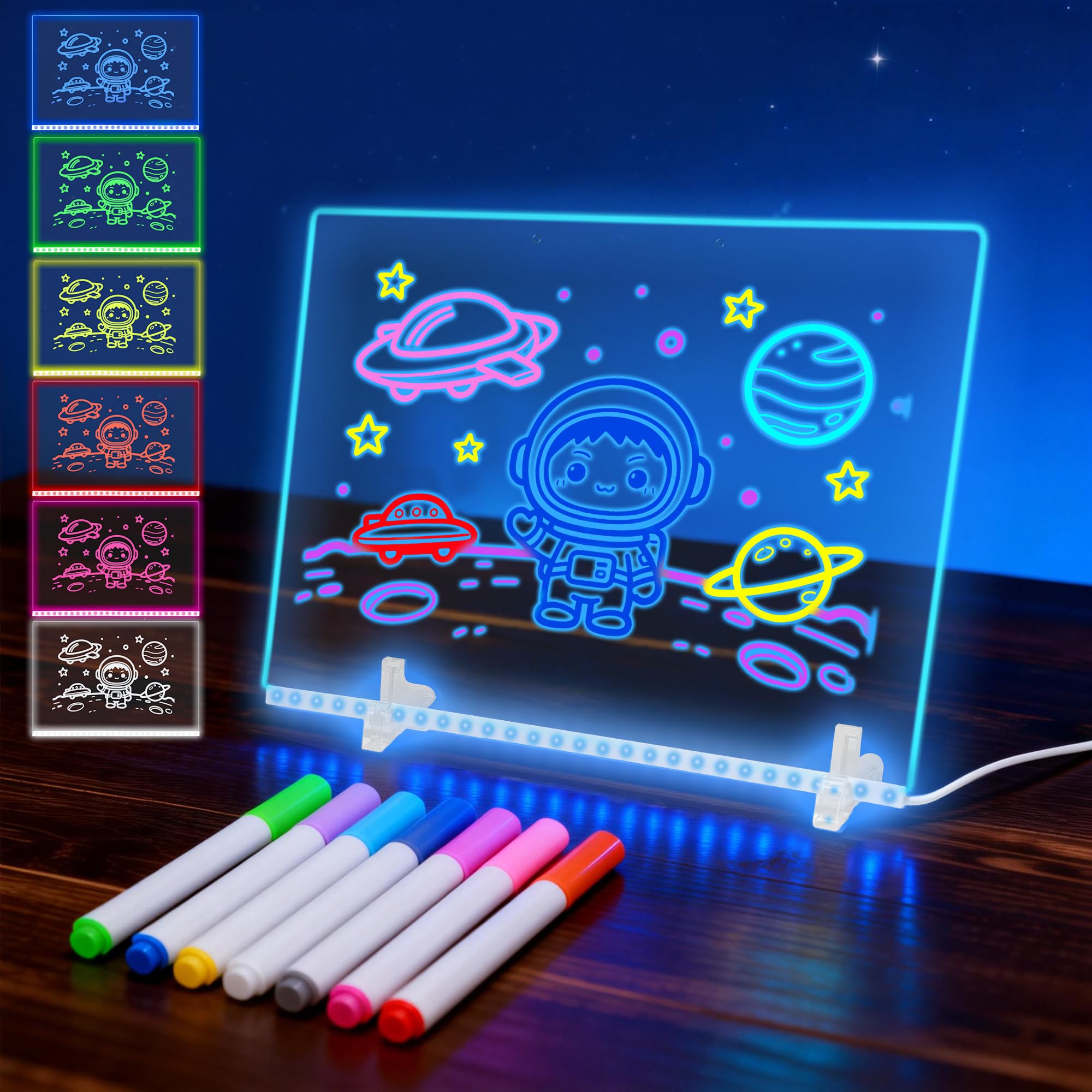 Wheelkids Acrylic Message Led Drawing Board for Kids, 13.7" x 10.2" USB Powered Glow Light Up Drawing Board with 10 Light Effects & 7 Colors with Markers, Neon Writing Tablet Gift for Kids