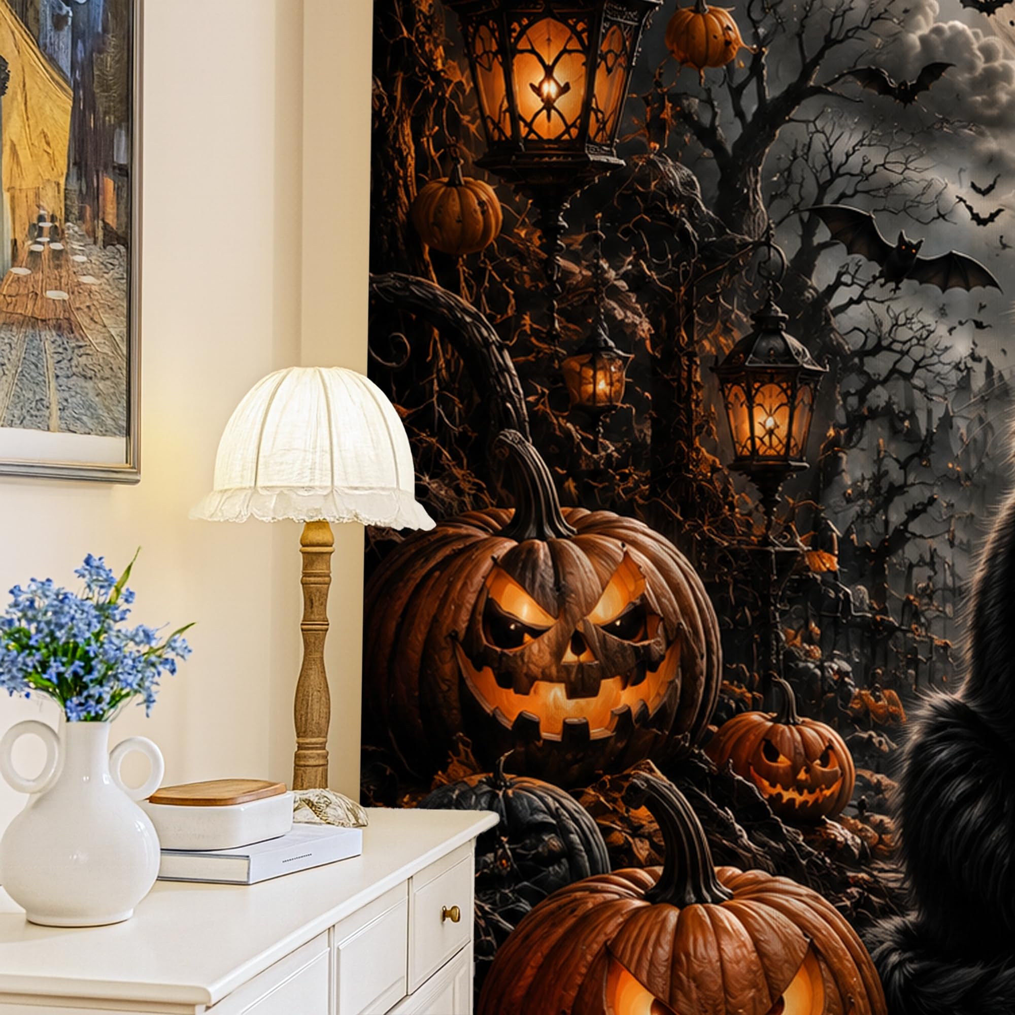 Rideaux occultants Halloween chat citrouilles chauve-souris, rideau noir de salon 132 x 213 cm