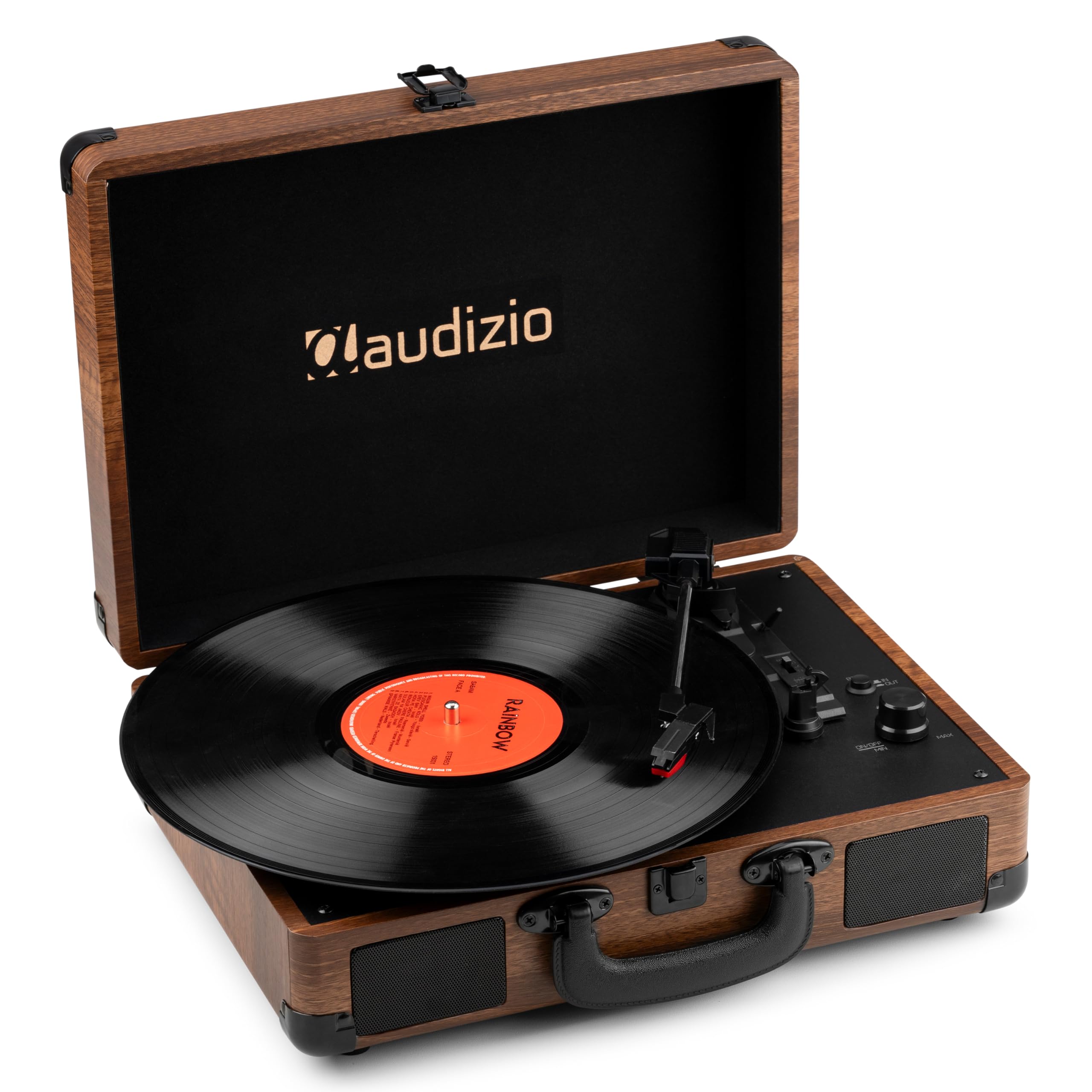 Audizio RP116W Tocadiscos de Vinilo Estilo Maletín con Bluetooth In/out, Altavoces Integrados, Codificación MP3 por USB y 3 Velocidades – Diseño Retro Compacto en Color Madera con Sonido Estéreo