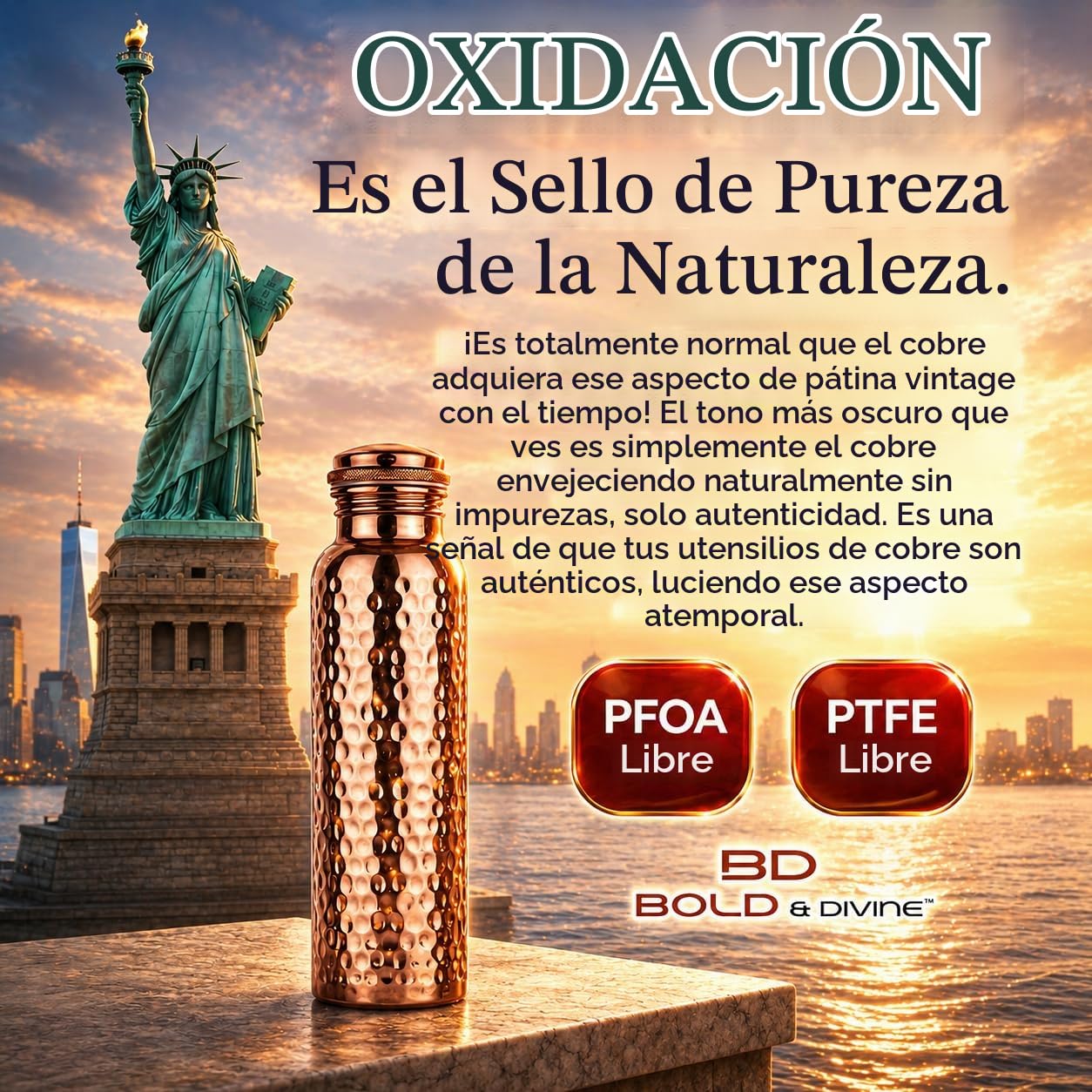 Bold & Divine Botella de agua martillada de cobre puro de 32 onzas para beber, beneficios ayurvédicos para la salud, recipiente de agua de cobre hecho a mano, diseño a prueba de fugas, sin óxido