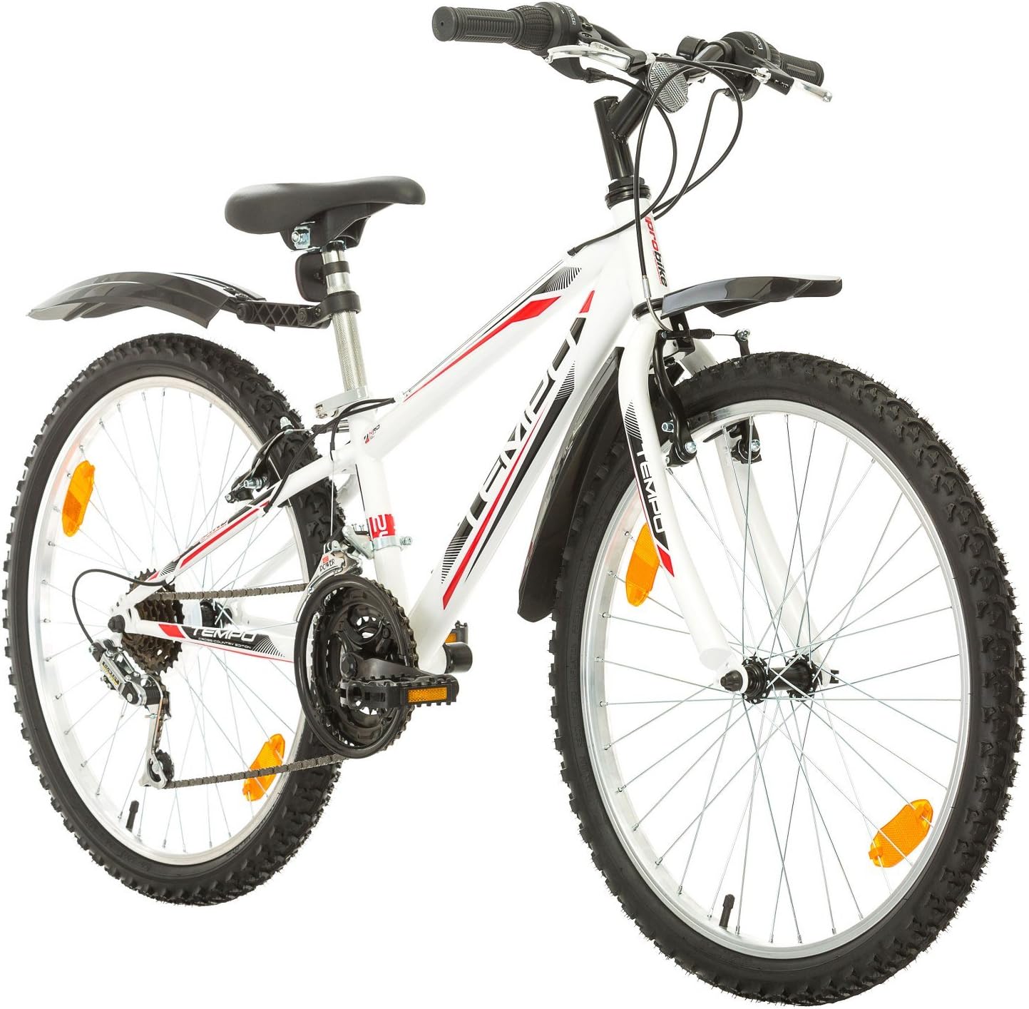Multibrand PROBIKE TEMPO 24 inch Kids Boys Mountain Bike 18 speed, Unisex, Front+Rear Mudgard, WHITE GLOSS