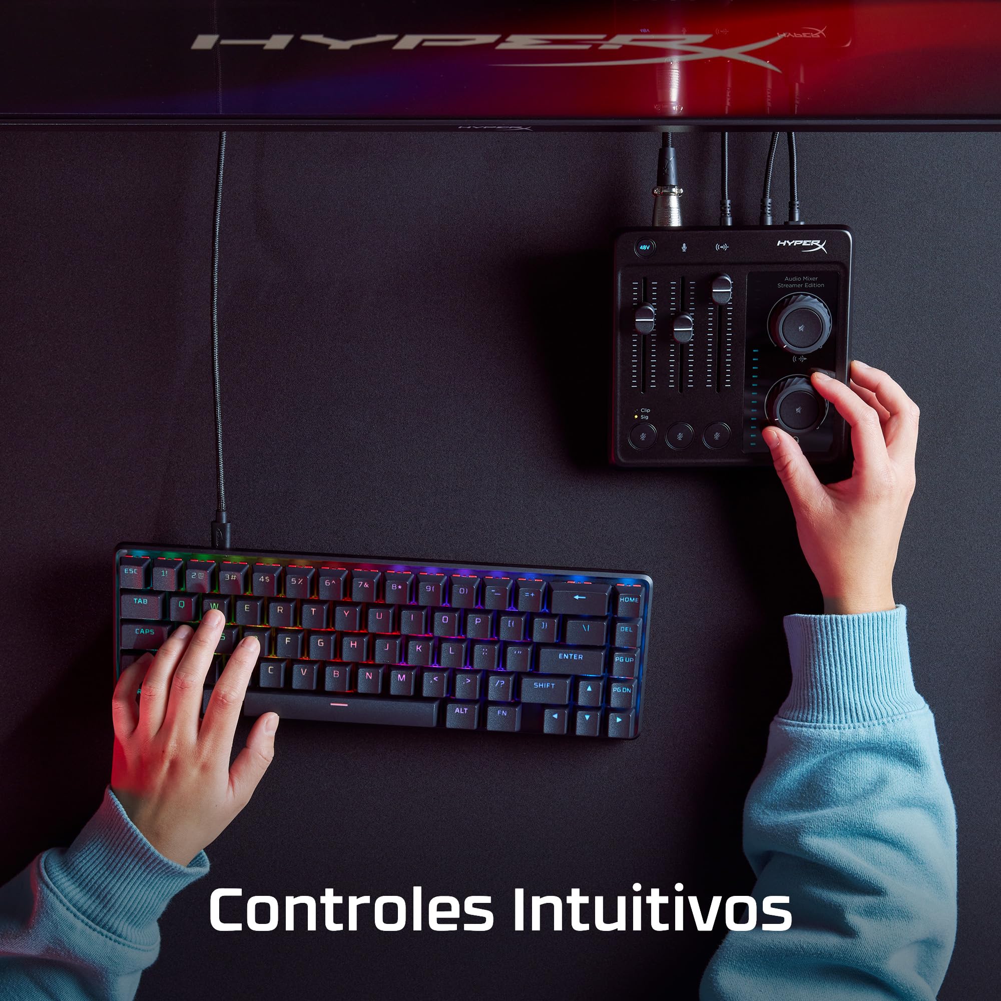 HyperX Audio Mixer - Mezclador de audio para streaming, gaming, control de volumen, alimentación Phantom 48v, incluye cables XLR, USB, 3.5mm, Negro