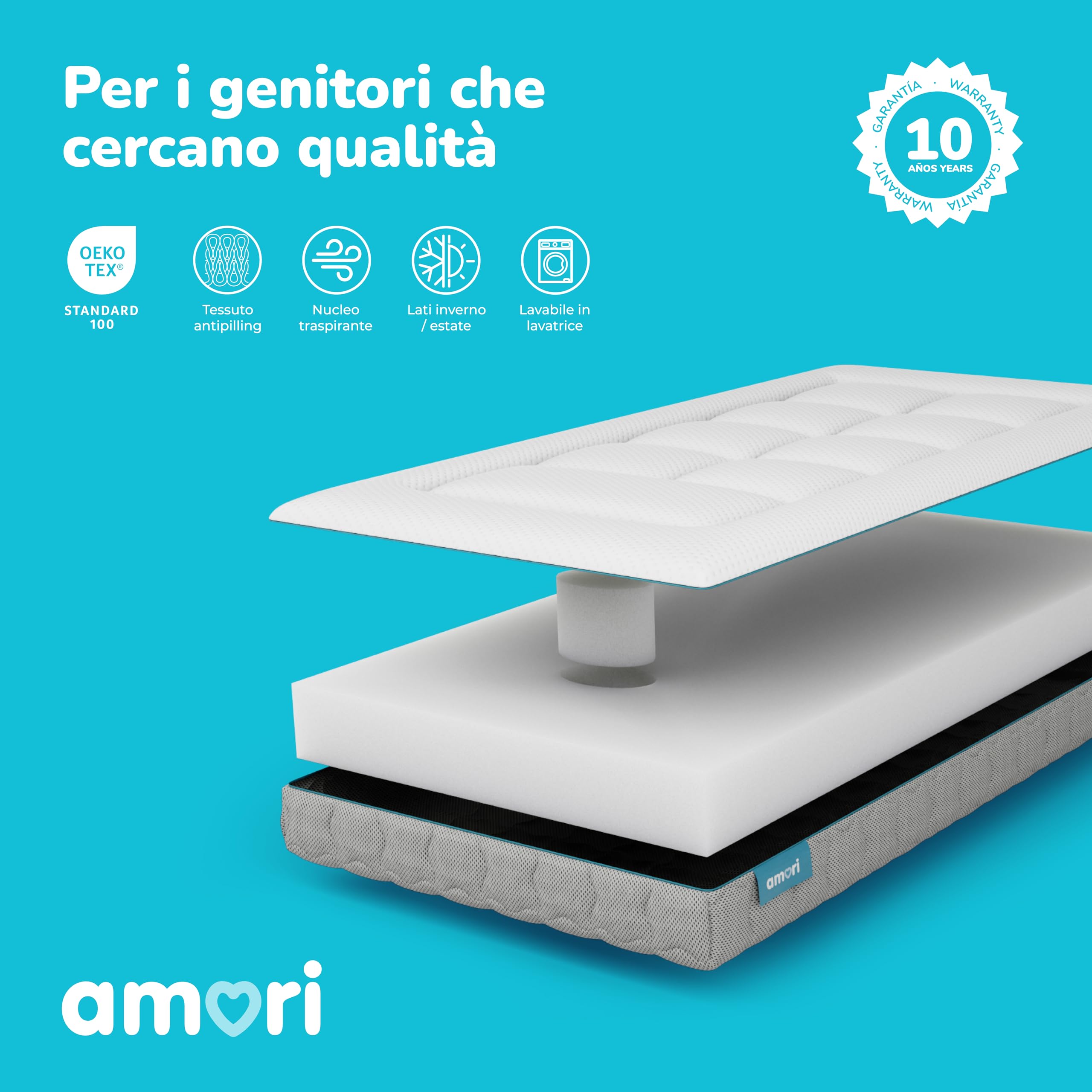 AMORI - Materassino Antisoffoco 117x57 cm per Culla Lettino - Sfoderabile, Anallergico, Antiacaros - Spessore 12 cm - Doppia Faccia Estate/Inverno - Certificato OEKO-TEX - Comfort Plus