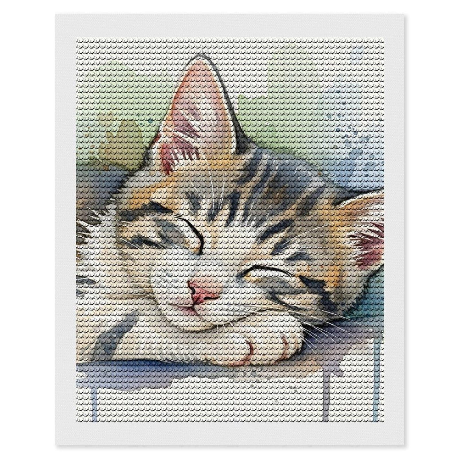 Junmoney Sleeping Kitten Watercolor Painting Full Drill Diamond Painting Kit 16"x20", Sparkling Round Gems, Decorate Your Room, Mindful Craft Activity