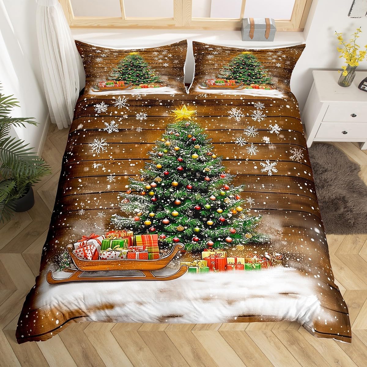 Snowy Village Duvet Cover Set Toddler Size Xmas Snowman Santa Claus Bedding Set for Girls Boys Happy New Year Comforter Cover Winter Western Country Quilt Cover,1 Pillowcase(No Comforter)