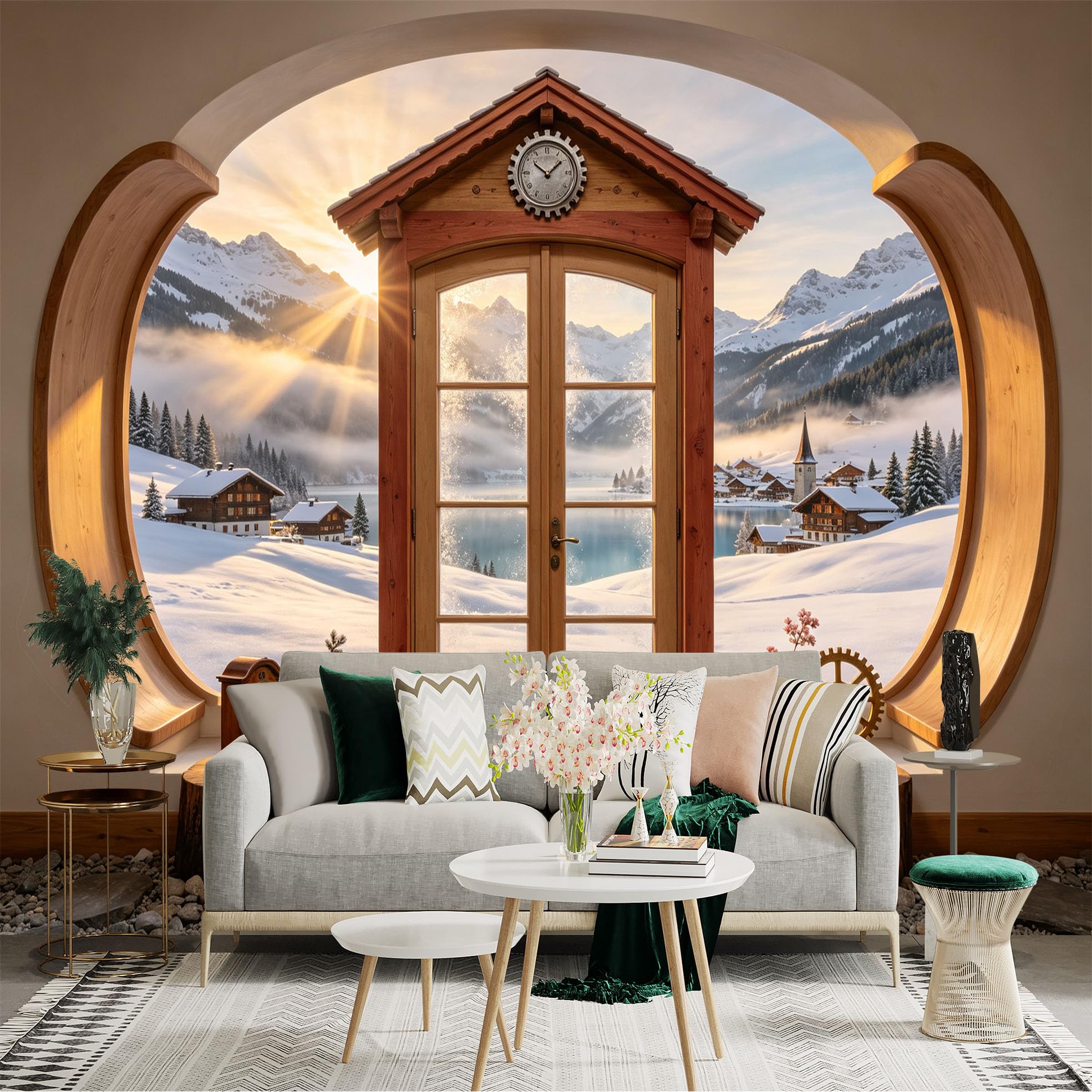 Custom Size Wall Sticker Mural， Snowy Mountain Village， Wooden Window View， Winter Lake Sunrise， Alpine Landscape， for wall Decoration， peelandstick wall Decals.
