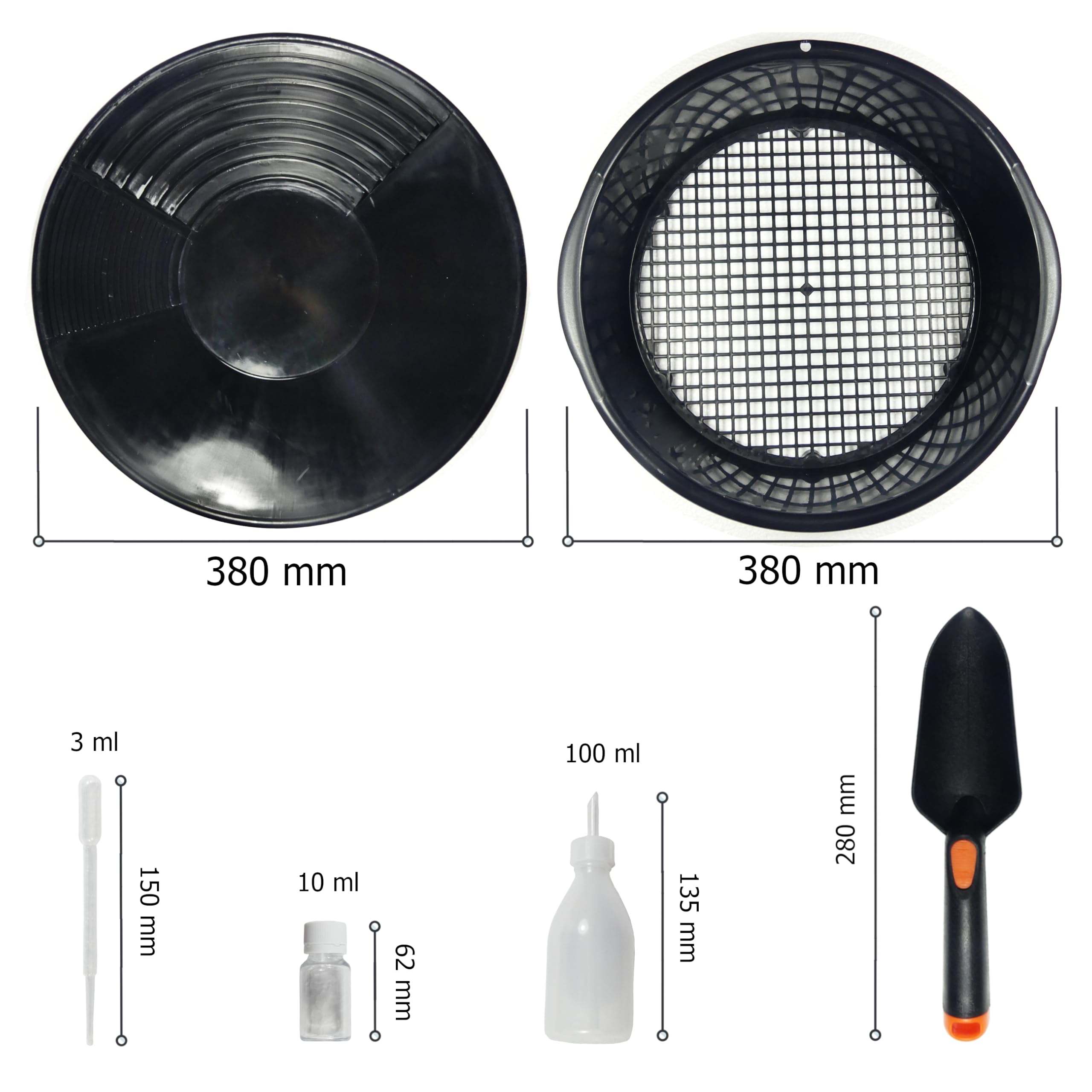 Goldwasch-Set 10-teilig – Goldwaschpfanne Ø 35 cm, Sieb, Schaufel, Snifferbottle, Pipetten & Gläschen – Komplettes Goldwasch Set für Einsteiger & Profis