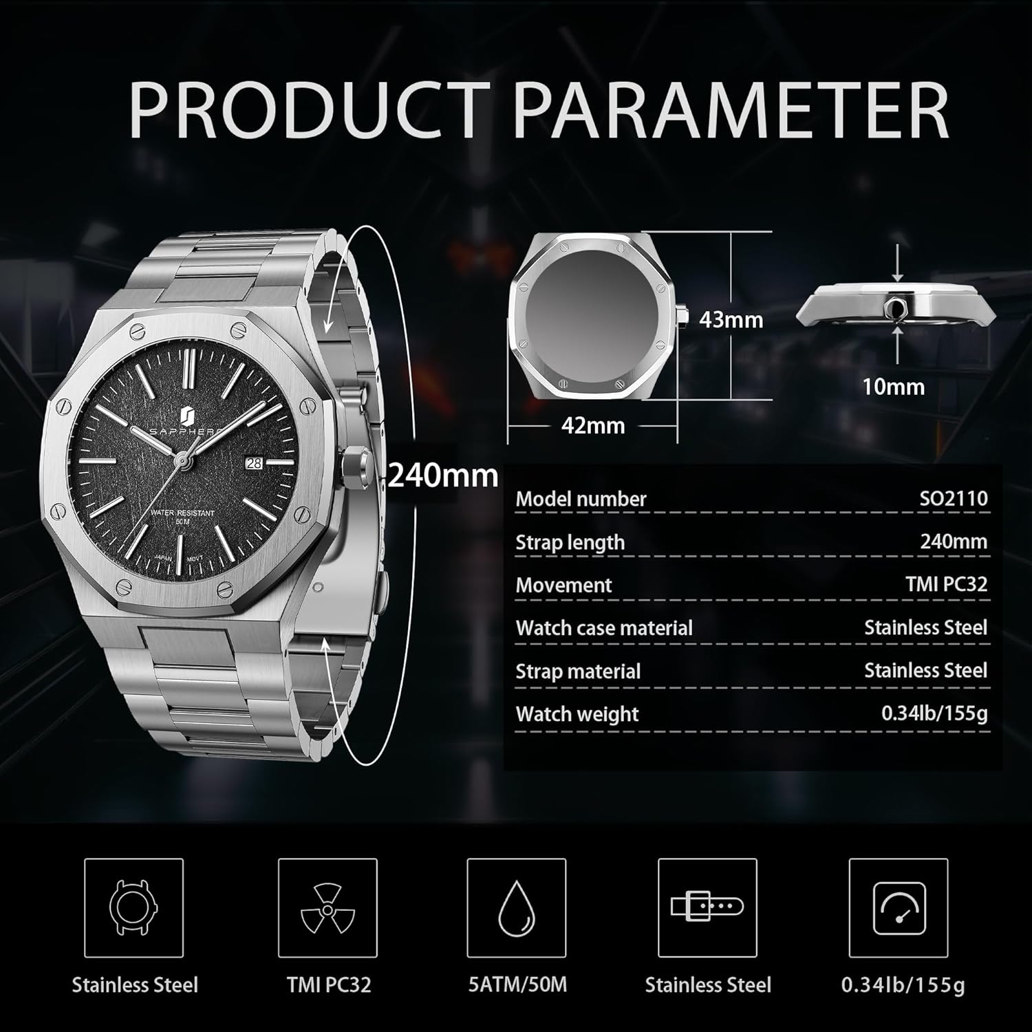 SAPPHERO Men's Watch Octagonal Stainless Steel Luminous Wristwatch Luxury Analog Quartz Watch for Men with Date Elegant Mens - Image 6