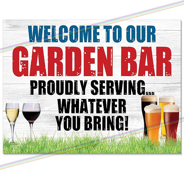 GARDEN BAR Funny Metal Signs Wall Welcome Plaque Tin Sign (27cm x 18cm)