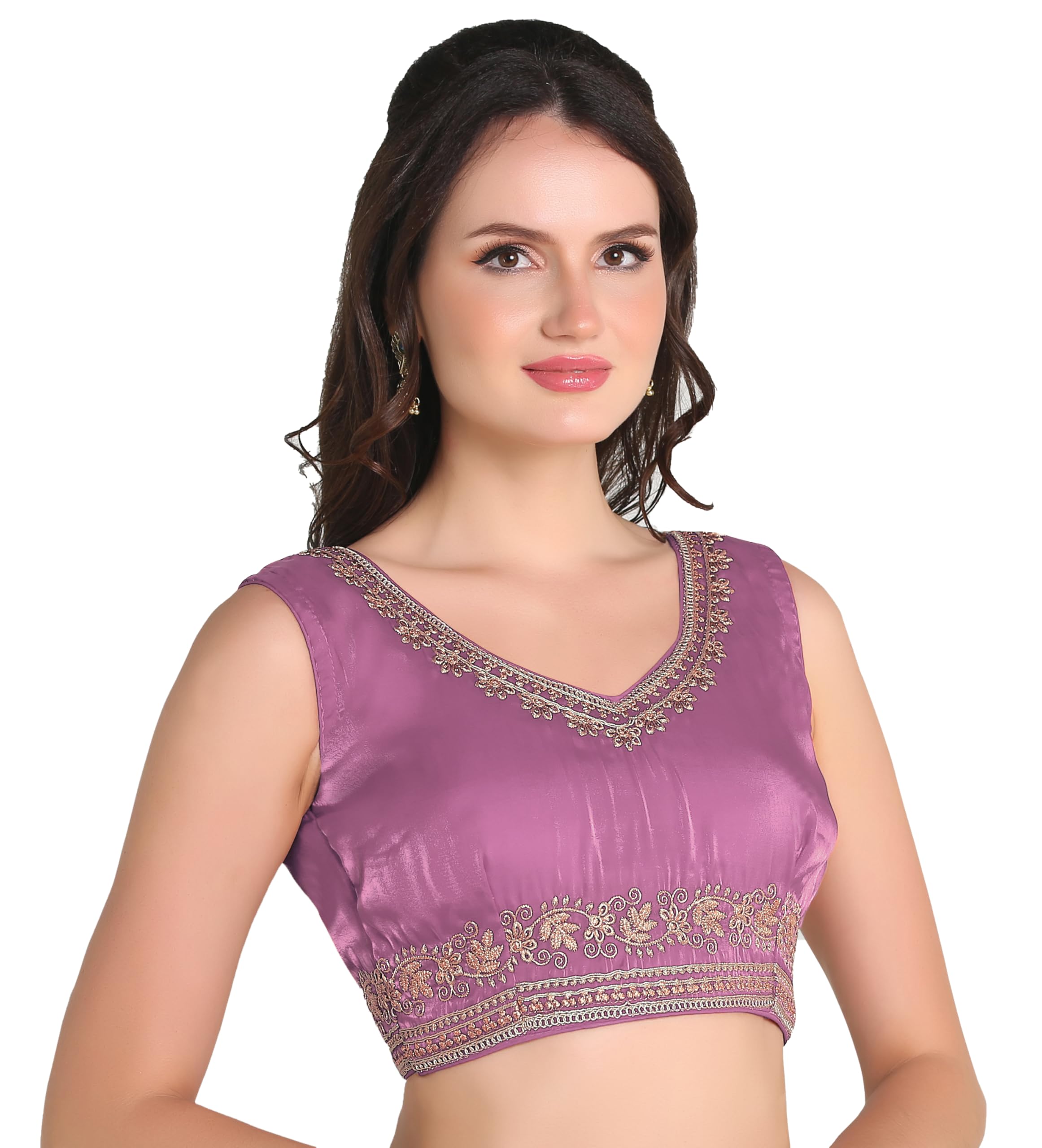 vihu fashion Women's Readymade Sleeveless blouseIndian Ethnic Designer Blouse Jimmy Choo Fabric Embroidered V Neck Blouse Back Hook Open Saree Fancy Blouse-picture-30