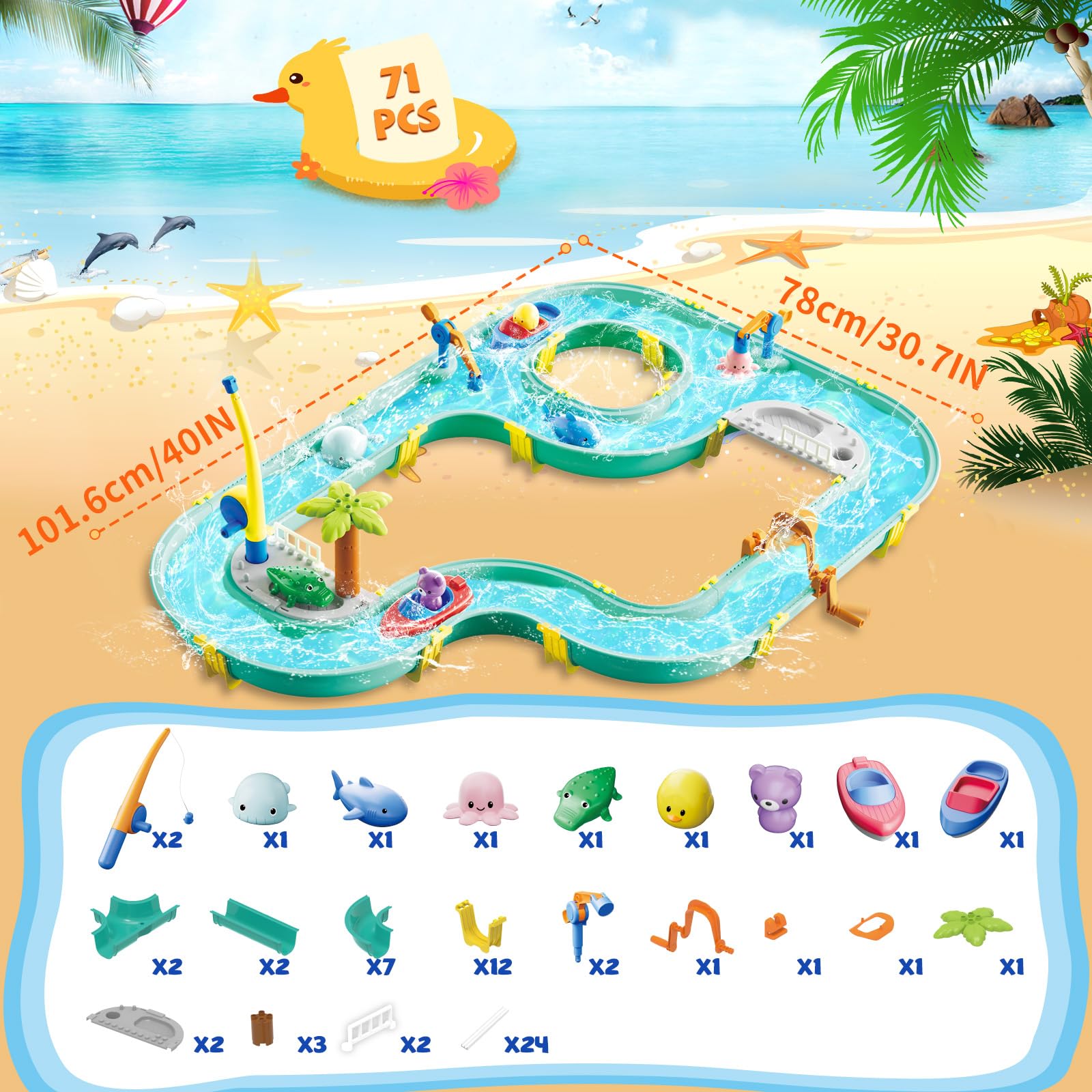 BuzzoXerex Juguete de Mesa de Arena y Agua, 2 en 1 Mesa de Agua y Arena Set, Mesas de Juegos Exteriores con Barcos x2 Muñecas x6 Cañas de Pescar x2 para Niños 3+ Años (1)