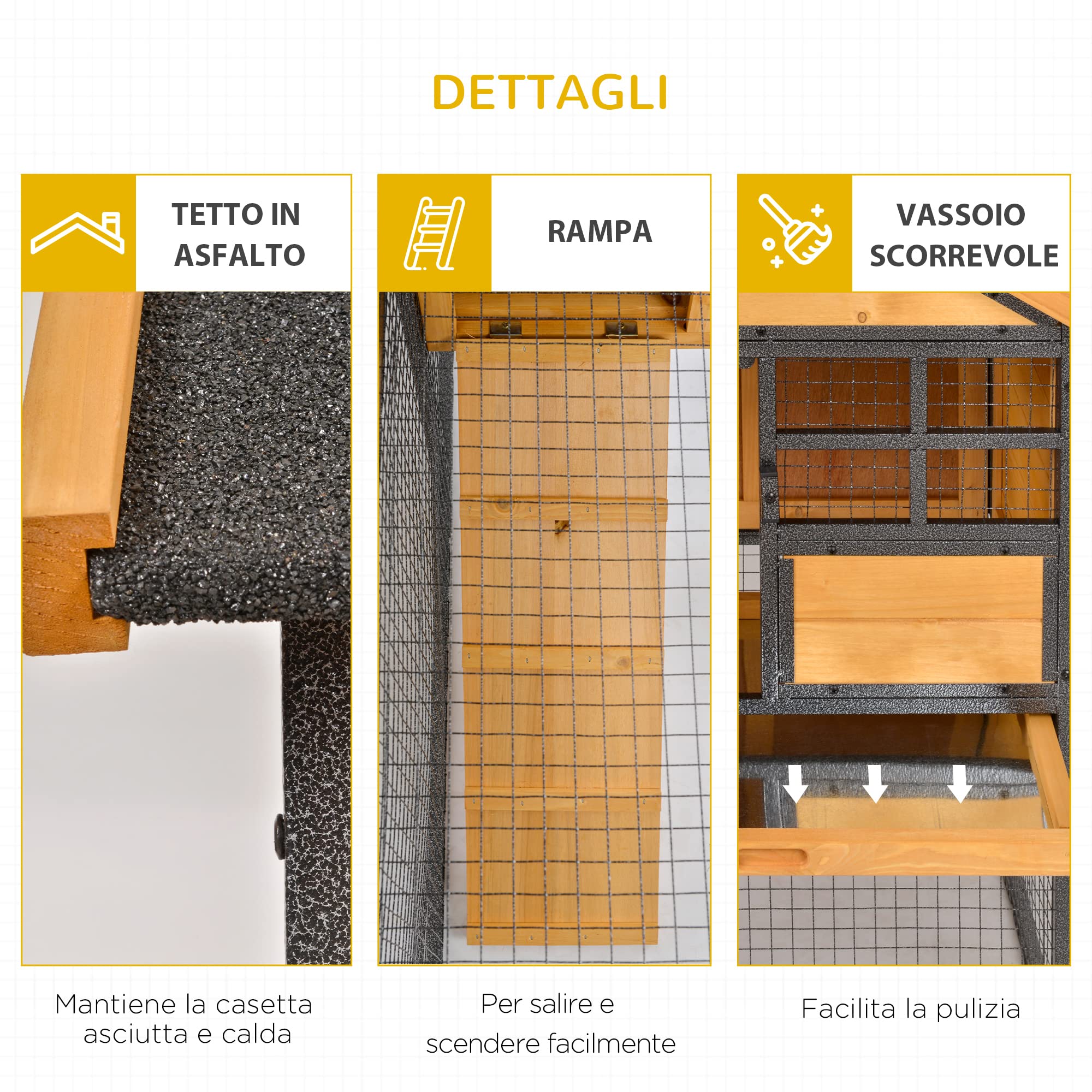 PawHut Gabbia per Conigli con Casetta e Rampa 122x63x92cm Giallo Chiaro | Area Aperta, Conigliera in Legno e Metallo