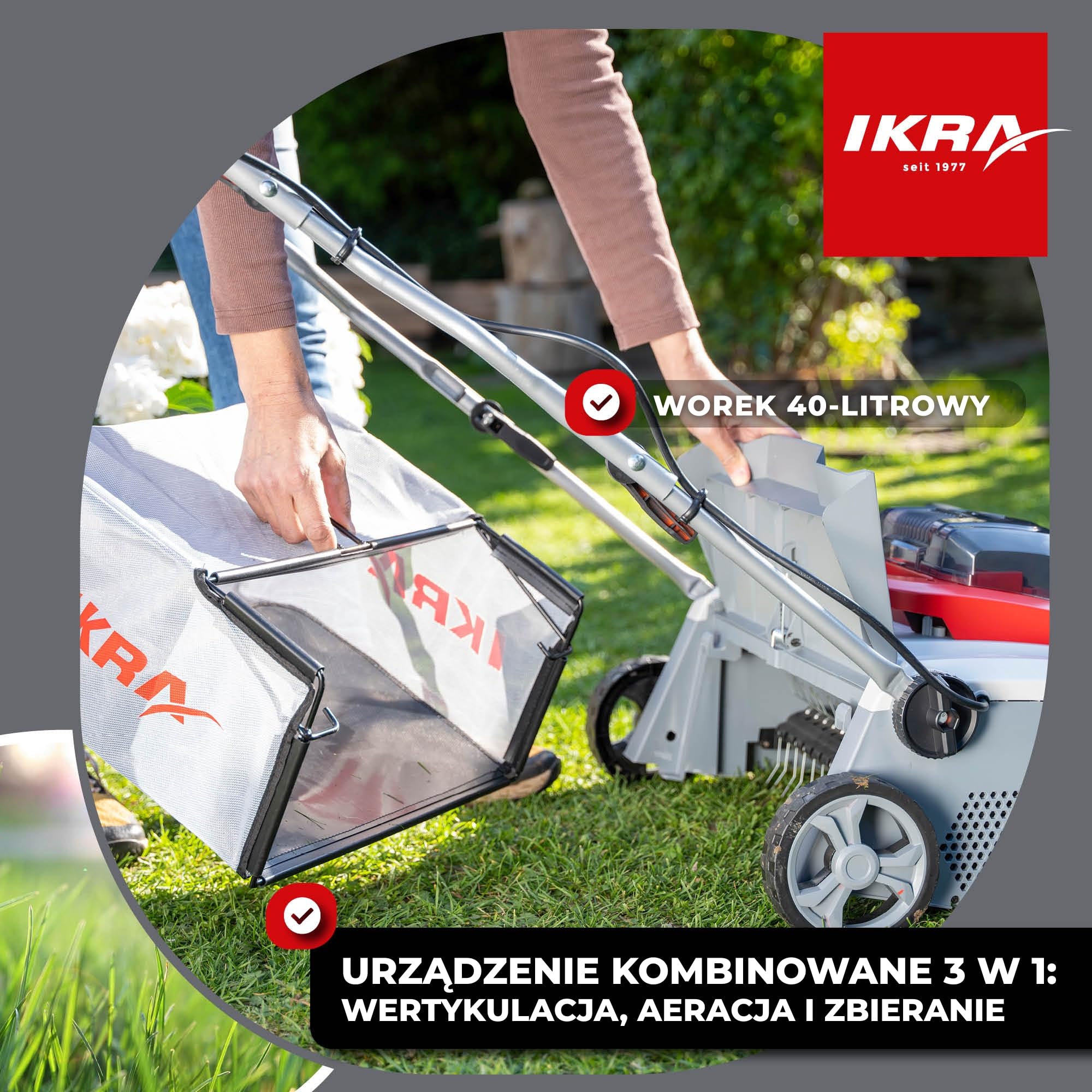 IKRA Wertykulator i aerator akumulatorowy 3in1 IAVL 2-2040, szerokość 40cm | 2 akumulatory 20V 4,0 Ah i szybka ładowarka, kosz 30 l, głębokość robocza od +3 do -9 mm, beznarzędziowa wymiana wałka