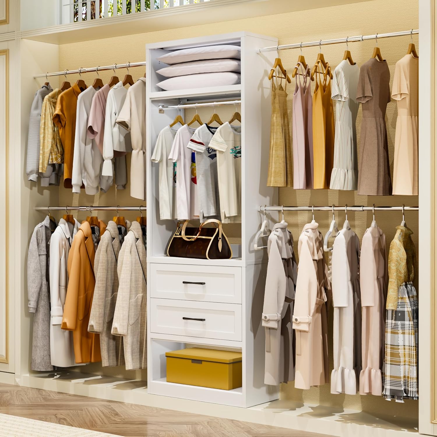 79"H Closet System, 2-8.2FT Metal Closet Organizer with 4 Expandable Hanging Rods, Walk In Closet Organizers and Storage, Clothes Closet with 5 Hanging Zones, 2 Drawers, 2 Shelving Towers