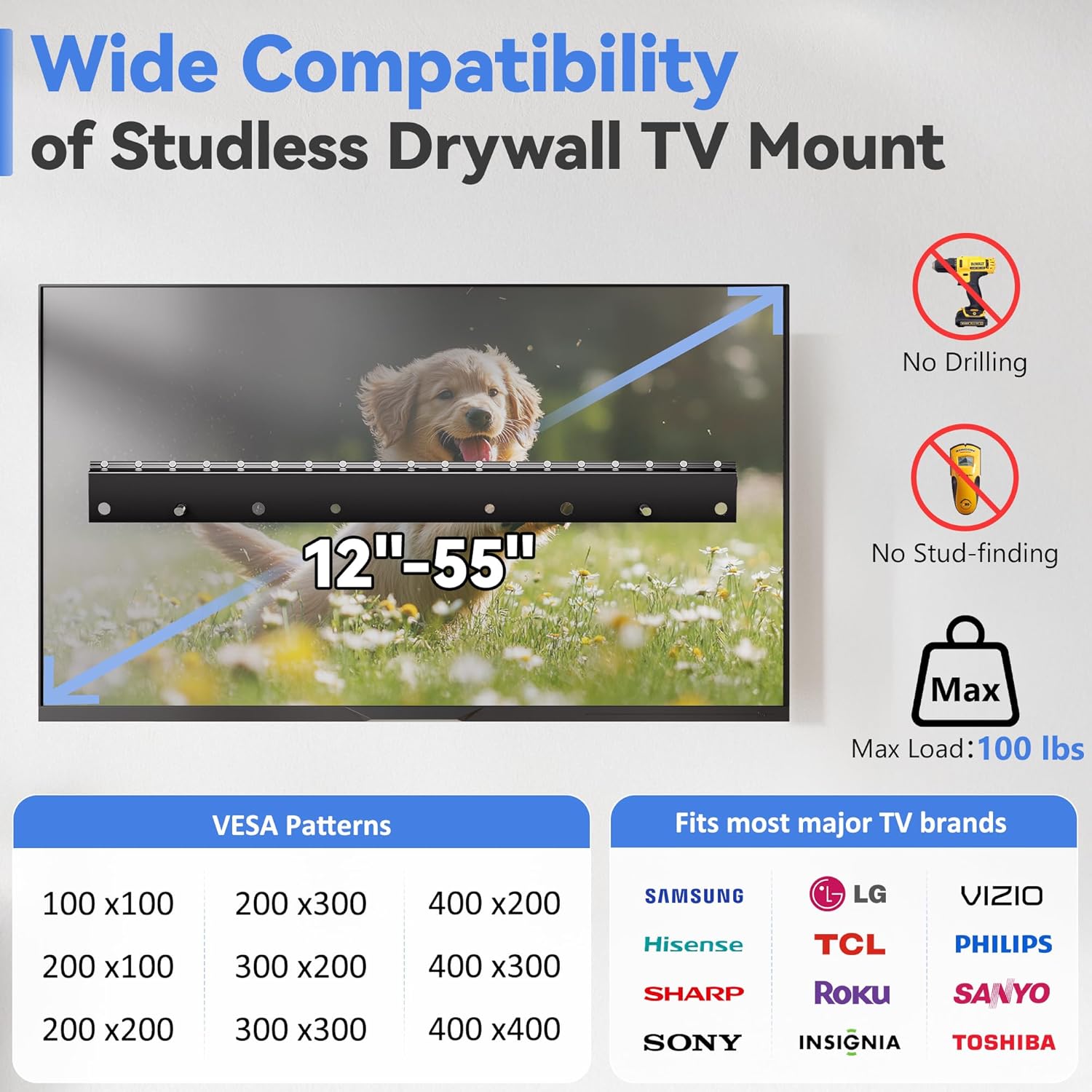 Studless TV Wall Mount, No Stud TV Bracket for 12-55", Drywall TVs Hanger Up to 100 lbs, Easy No-Drill Installation, Fits VESA Up to 400x400mm, for Apartment, Home, Renters