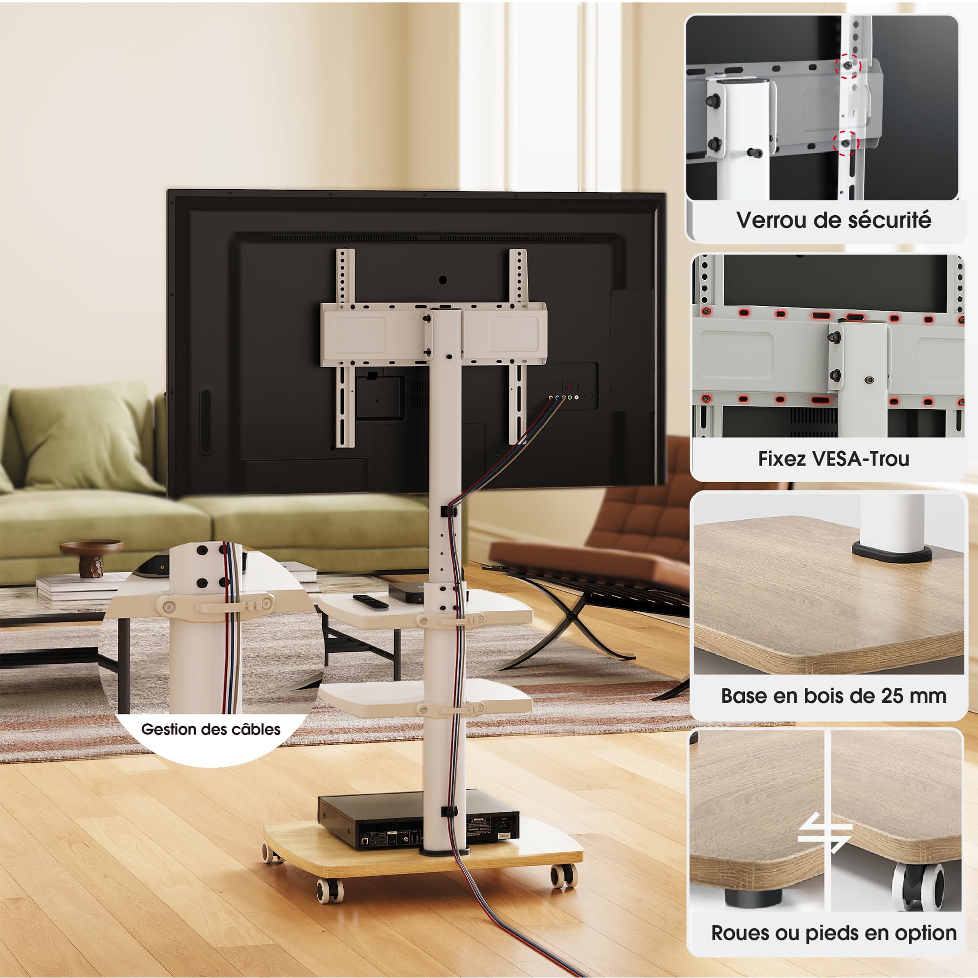 AOKCOS Support TV roulettes pour TV de 32-65 Pouces - Support TV sur Pied Plus Haut 1240 MM-1420 MM Pivotant 60° Inclinaison 12° jusqu'à 40 KG Max. VESA 400x400mm