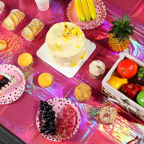 Miniatura 5 de Paquete de 4 manteles de plástico iridiscente rosa intenso, desechables con láser, manteles rectangulares con láser, manteles de papel de aluminio