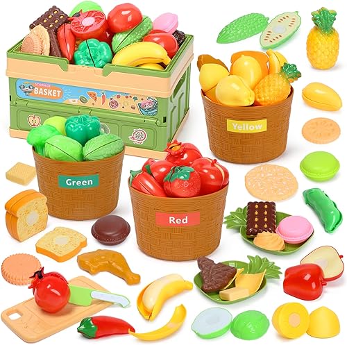 CUTE STONE Juego de comida para jugar con clasificación de color, juguetes de aprendizaje para niños, comida de juego de corte, accesorios de