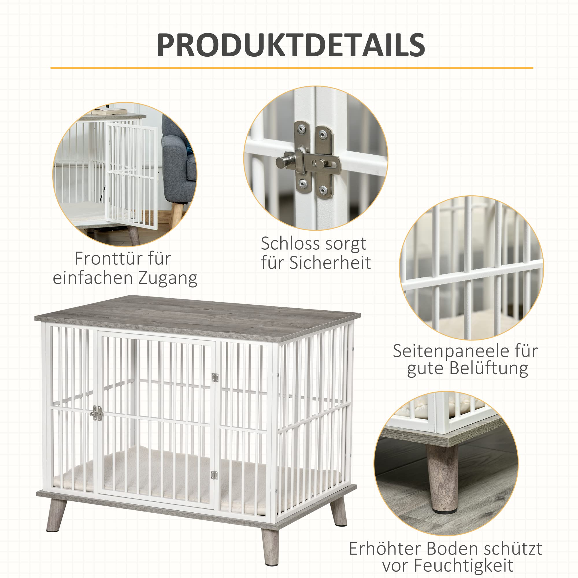 PawHut Hundekäfig Möbel mit Tür Kissen Stahl Hundebox für Zuhause Indoor Hundehütte für mittelgroße Hunde unter 15 kg Hundehaus 86x60x70 cm Grau