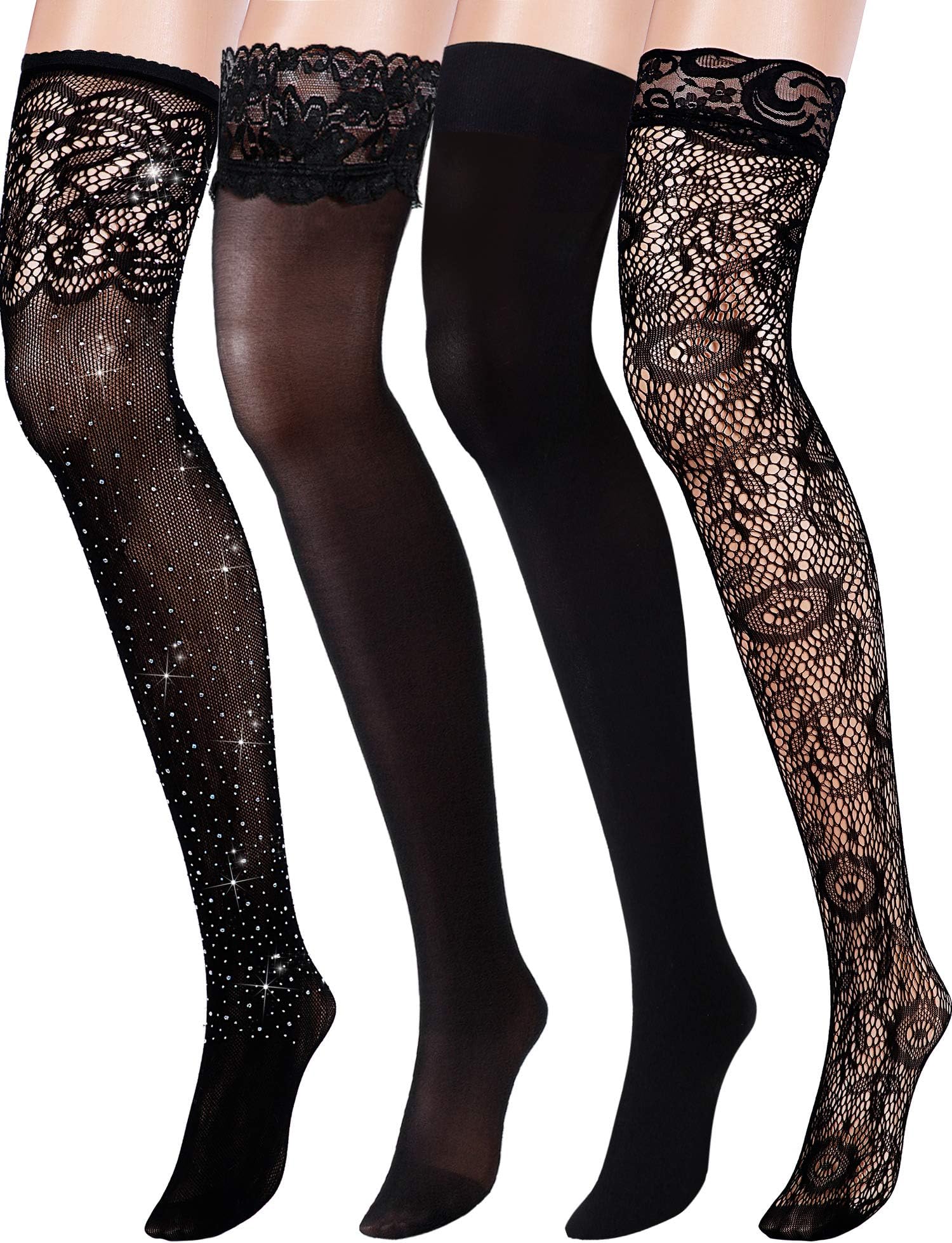 4 Pairs Woman's Black Lace Top Thigh-High Stockings Fishnet Stockings Satin Bows Silk Stockings Floral Rhinestone Stockings (Style A)