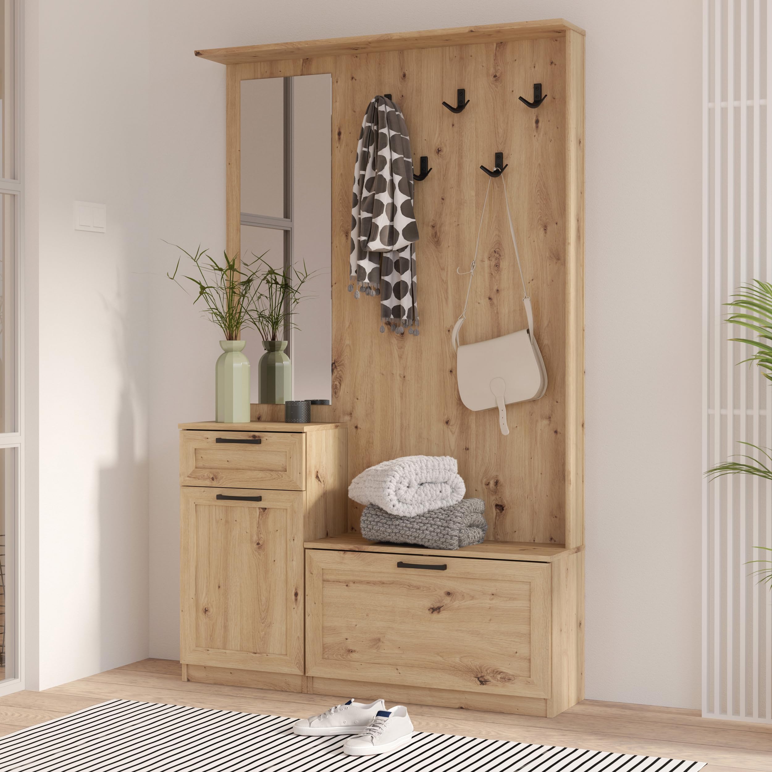 Forte NIKO Garderobe 110, Skandi-Garderobenpaneel, 1-türig, 2 Schubladen, Spiegel, Haken, Flur, Artisan Eiche Holzdekor, 110,9 cm breit x 181,5 cm hoch x 29,6 cm tief