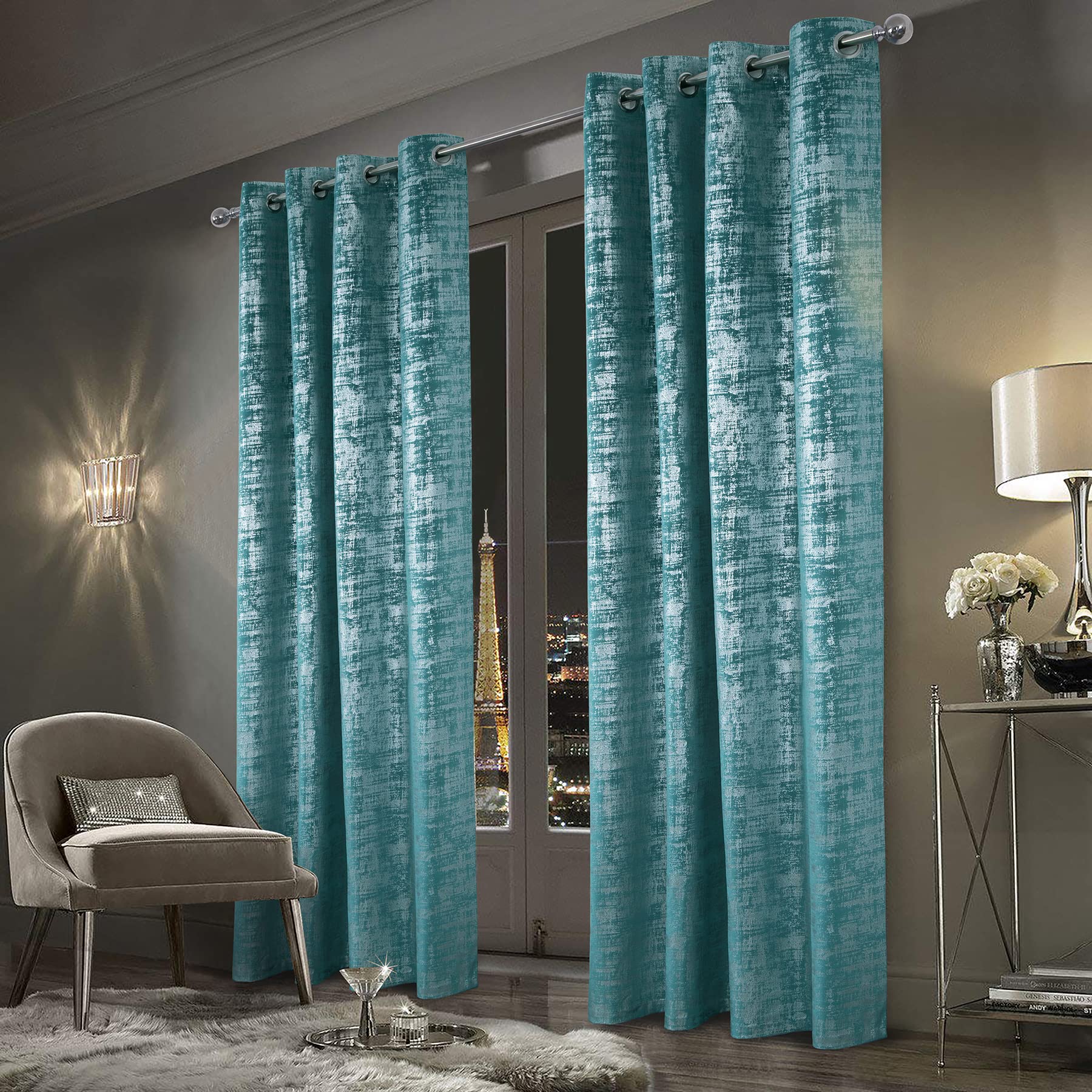 always4u 100% Blackout Soft Velvet Curtains for Bedroom Living Room Thermal Energy Saving 95 Inches Long Luxury Silver Foil Print Drapes 2 Panels Teal