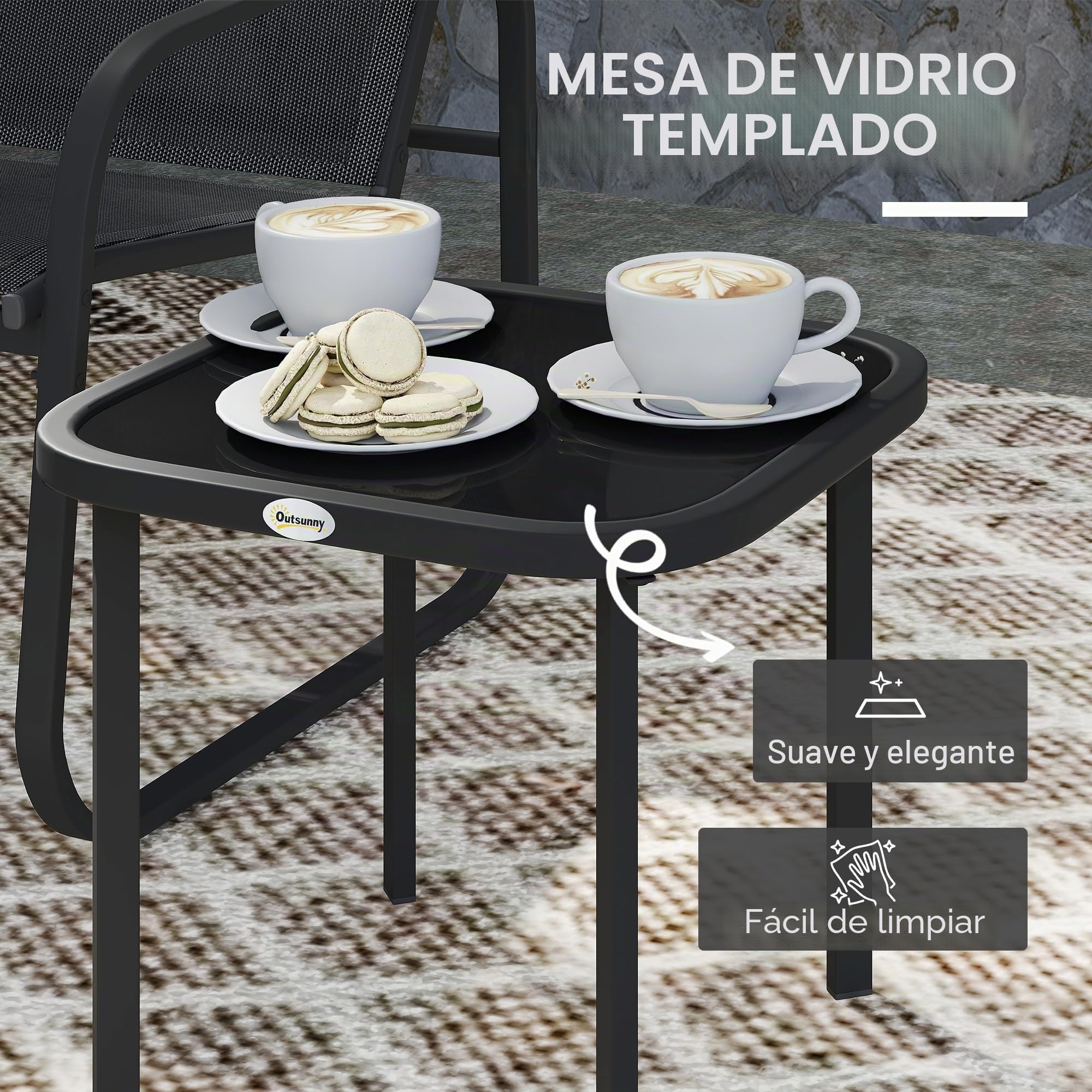 Outsunny - Juego de bistró de jardín (3 piezas, salón de jardín al aire libre, 2 personas, con 2 sillas de malla y mesa de centro de vidrio templado, muebles de jardín, terraza, balcón y porche, color | Salón de jardín al aire libre, sillas de malla, mesa