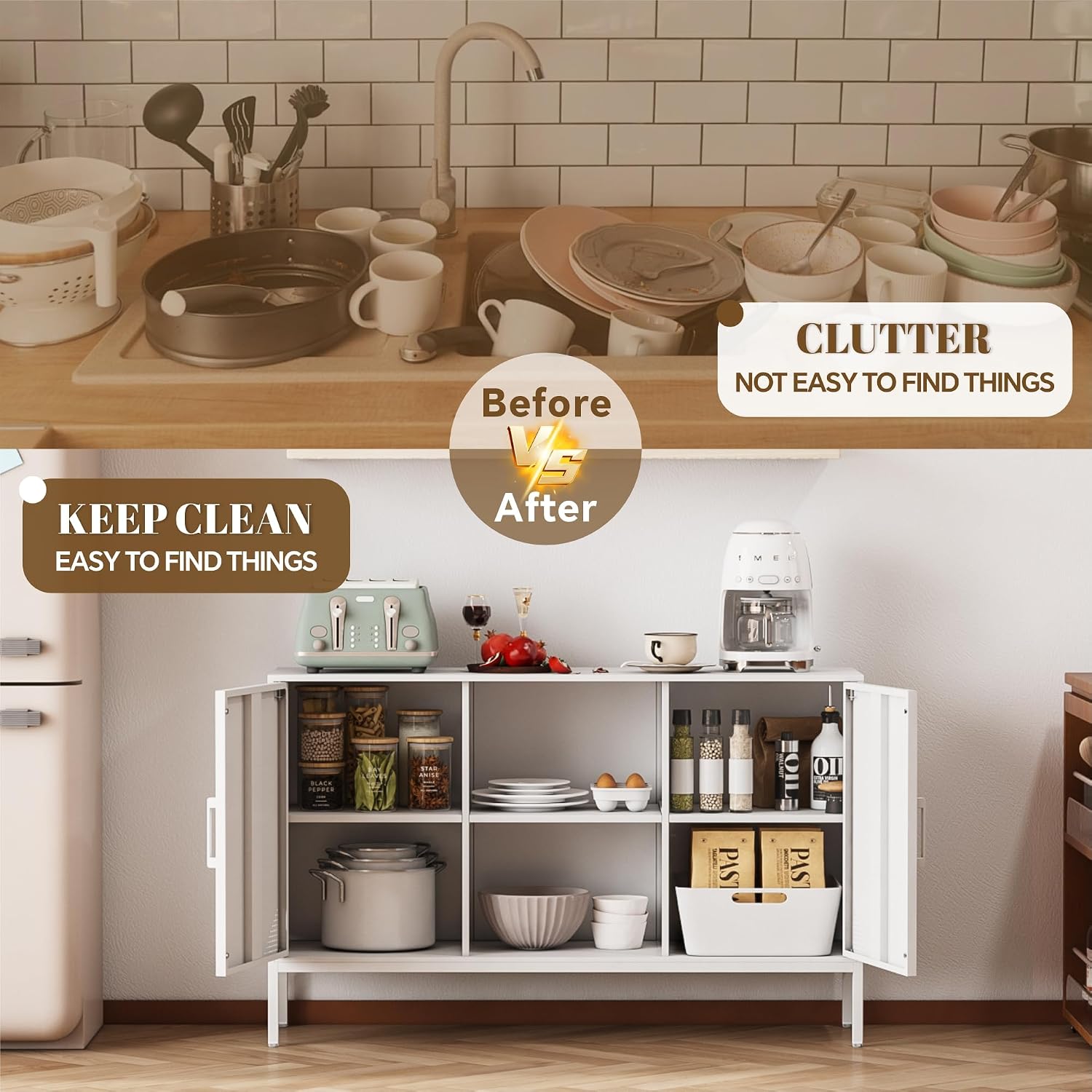 Steehoom Metal White TV Stand with Storage,Storage Cabinet Coffee Bar Buffet Cabinet Kitchen Sideboard with Adjustable Shelves for Living Room Bedroom