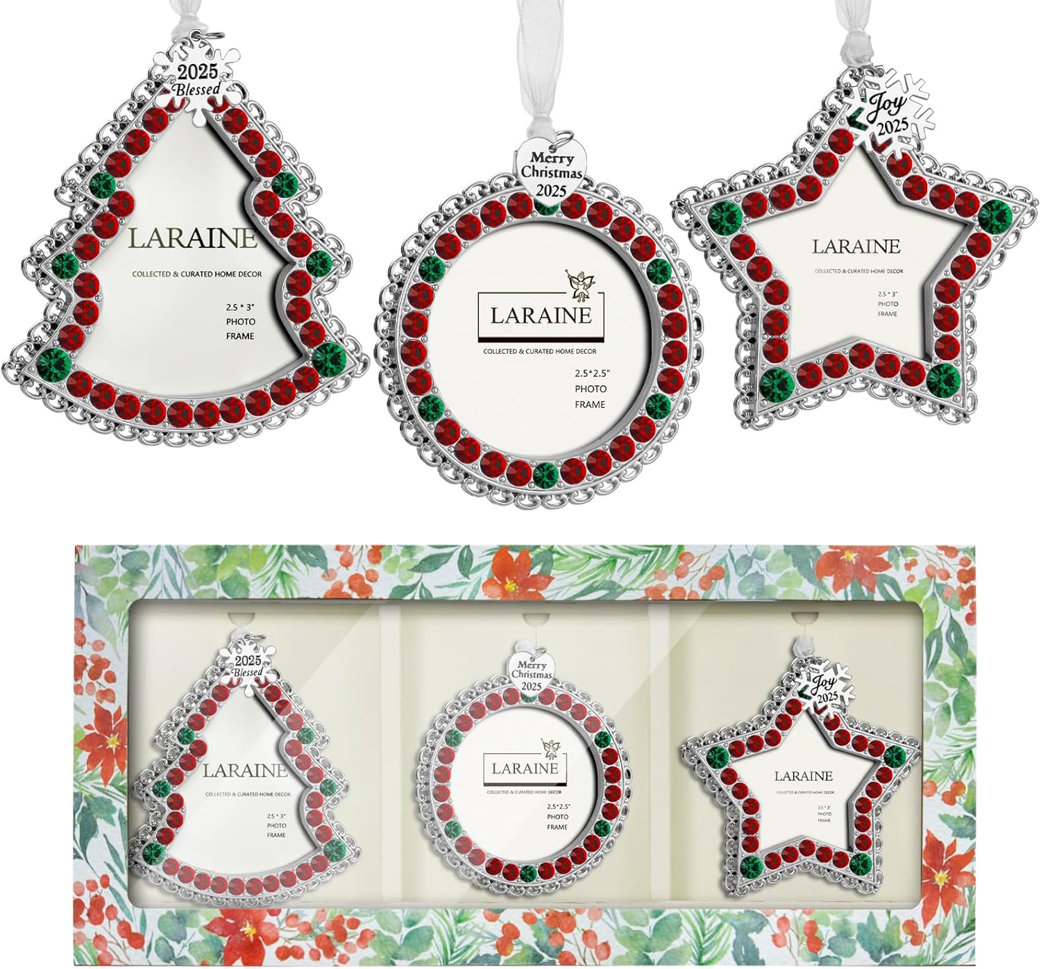 Laraine Christmas Tree Ornaments 3 Pieces – Decorative Hanging 2025 Rhinestones Pendant with Small Picture Frame Insert for Pet Holiday Keepsake Gift (Gold (2025))