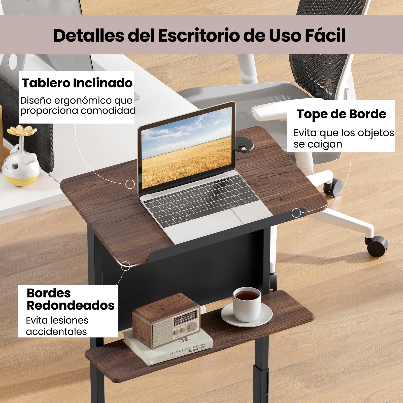 GIANTEX Atril de Conferencia con Altura Ajustable 103-125 cm, Soporte para Ordenador Portátil con 4 Ruedas y Mesa Inclinable, Mesa de Ordenador 70 x 42 cm con Estante, para Aula, Iglesia, Conferencia