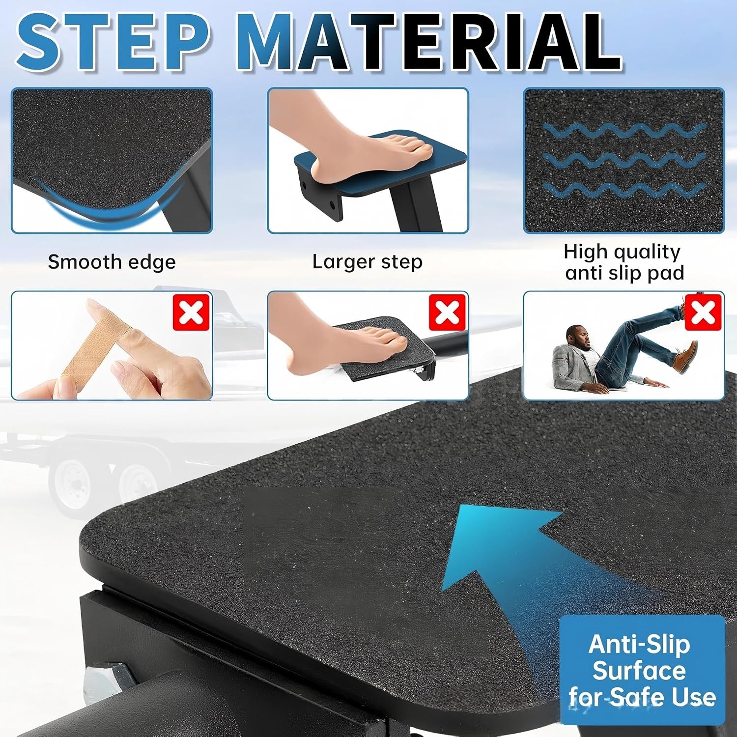 Boat Trailer Steps with Safety Handle, Non-Slip 450lb HD