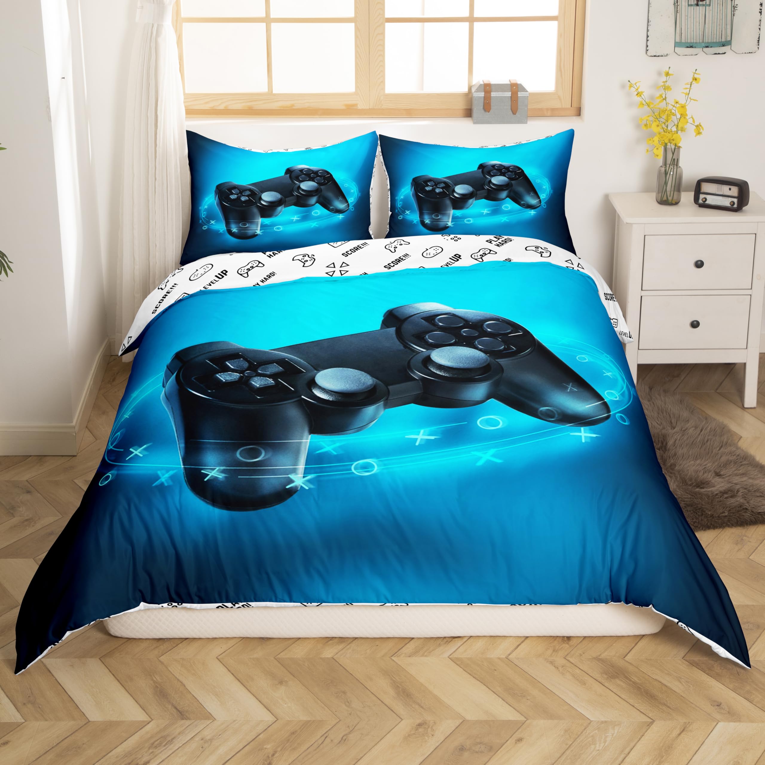 Juegos de cama para niños, niñas y jóvenes de 135 x 200 cm, funda nórdica moderna con diseño de mando de videoconsola, decoración para dormitorio, color azul OEKO-TEX STANDARD 100