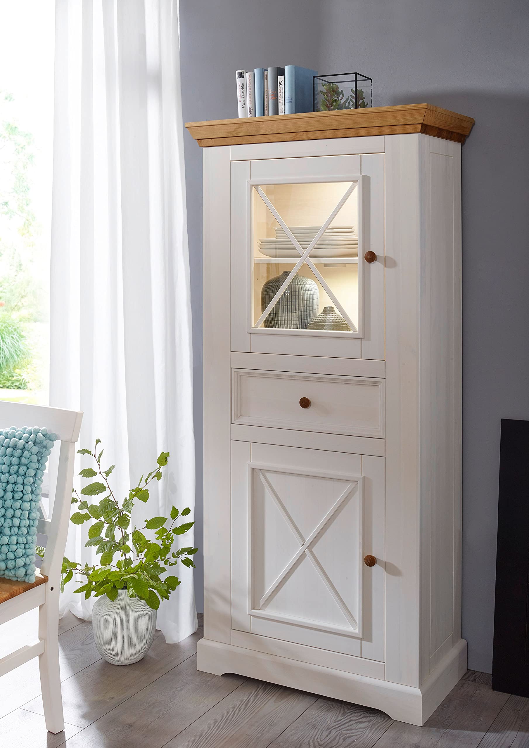 Woodroom Oslo Vitrine Vitrinenschrank Standvitrine Wohnzimmerschrank, Holz, Weiß, BxHxT 79x177x42 cm