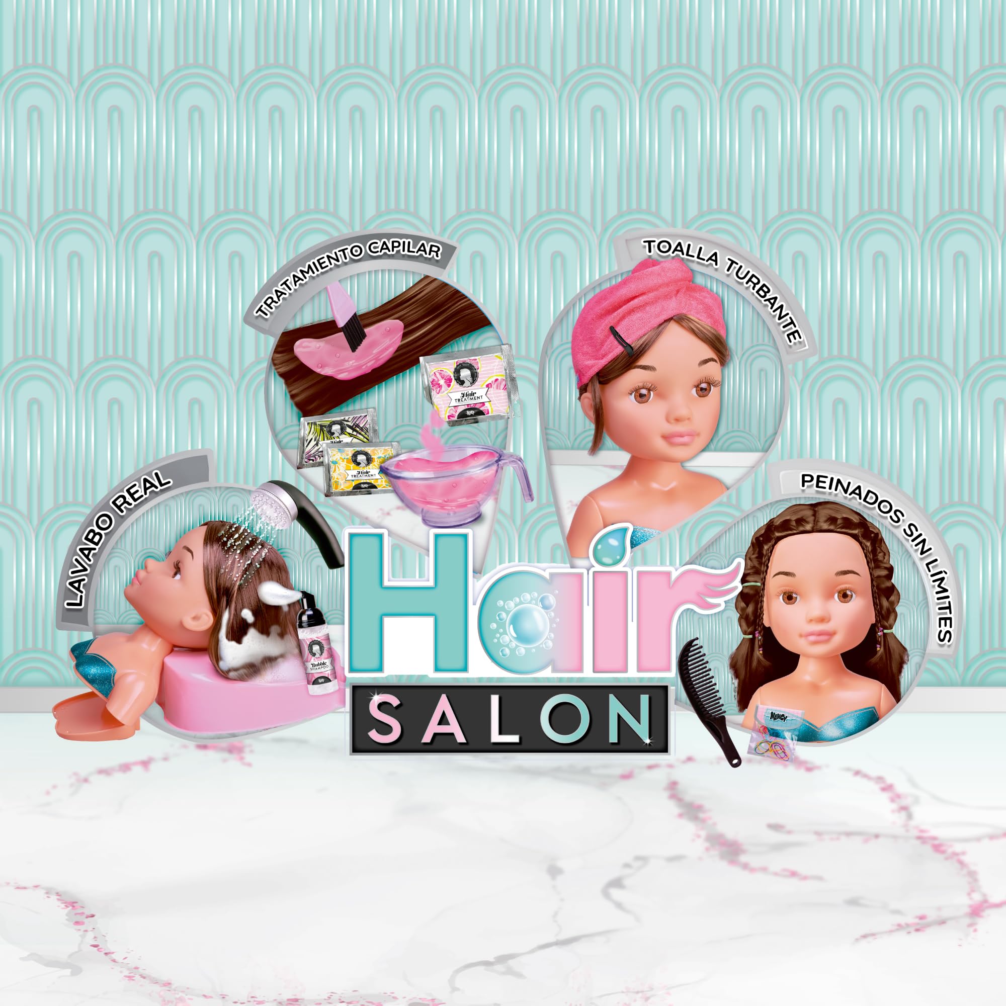 Nancy Hair Salon, Testa capelli castani, lavatesta che funziona per davvero,accessori per poter creare acconciature, per bambine/I da 3 anni, Famosa (NACB2000)