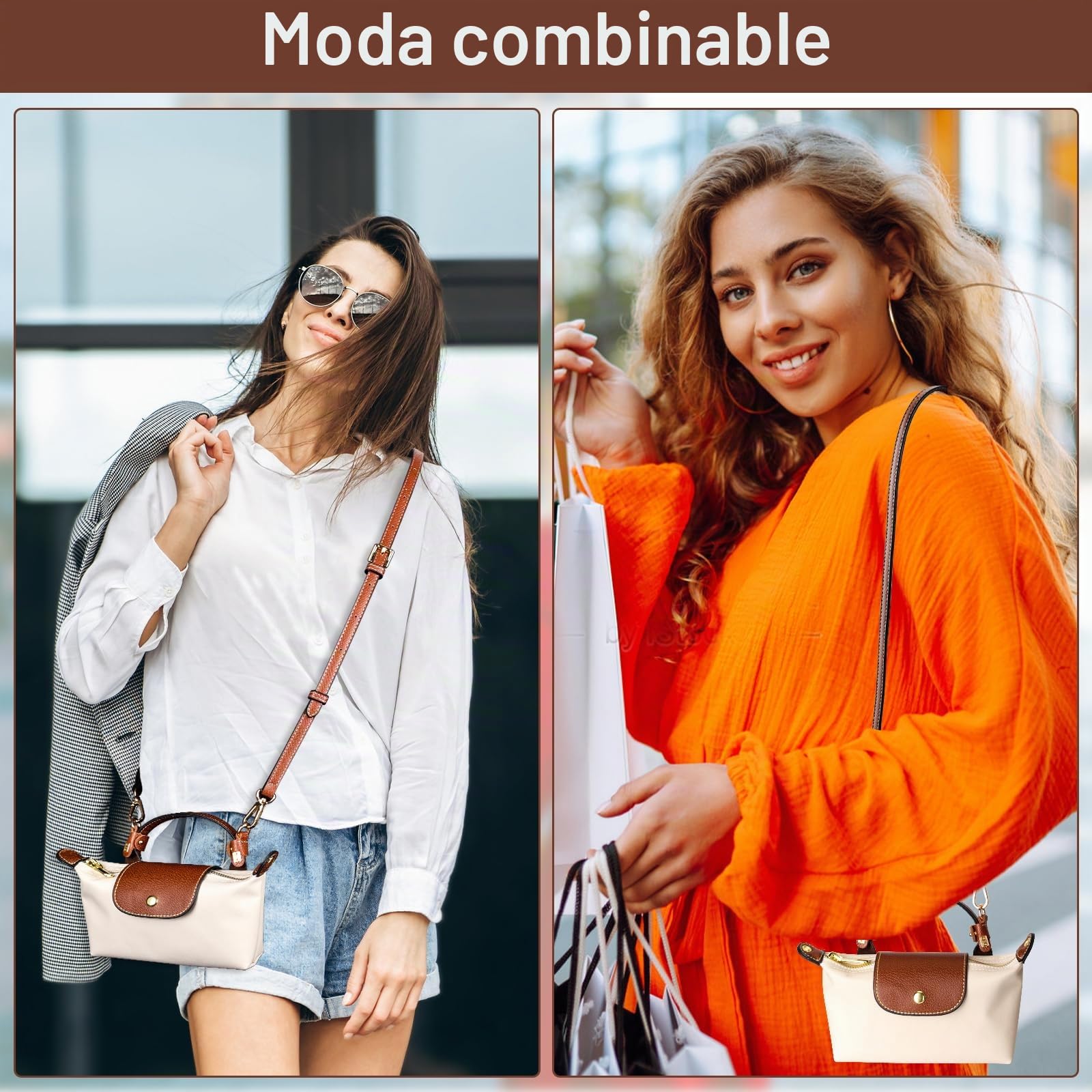 Correa para Longchamp Mini, Correa Bolso Bandolera Mujer - Marrón, Ajustable Cuero Bandolera para Mini Mochila, No Perforación con 2 Adaptadores para Correas de Hombro, Longitudes 120 cm