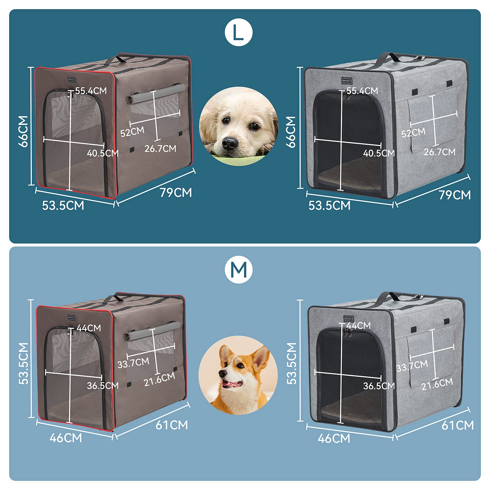 Petsfit Trasportino per Cani Portatile, con Cerniera Metallica Aggiornata per Prevenire La Fuga, Trasportino per Animali Morbido con Cuscino, grigio sicuro, 61x46x53.5cm