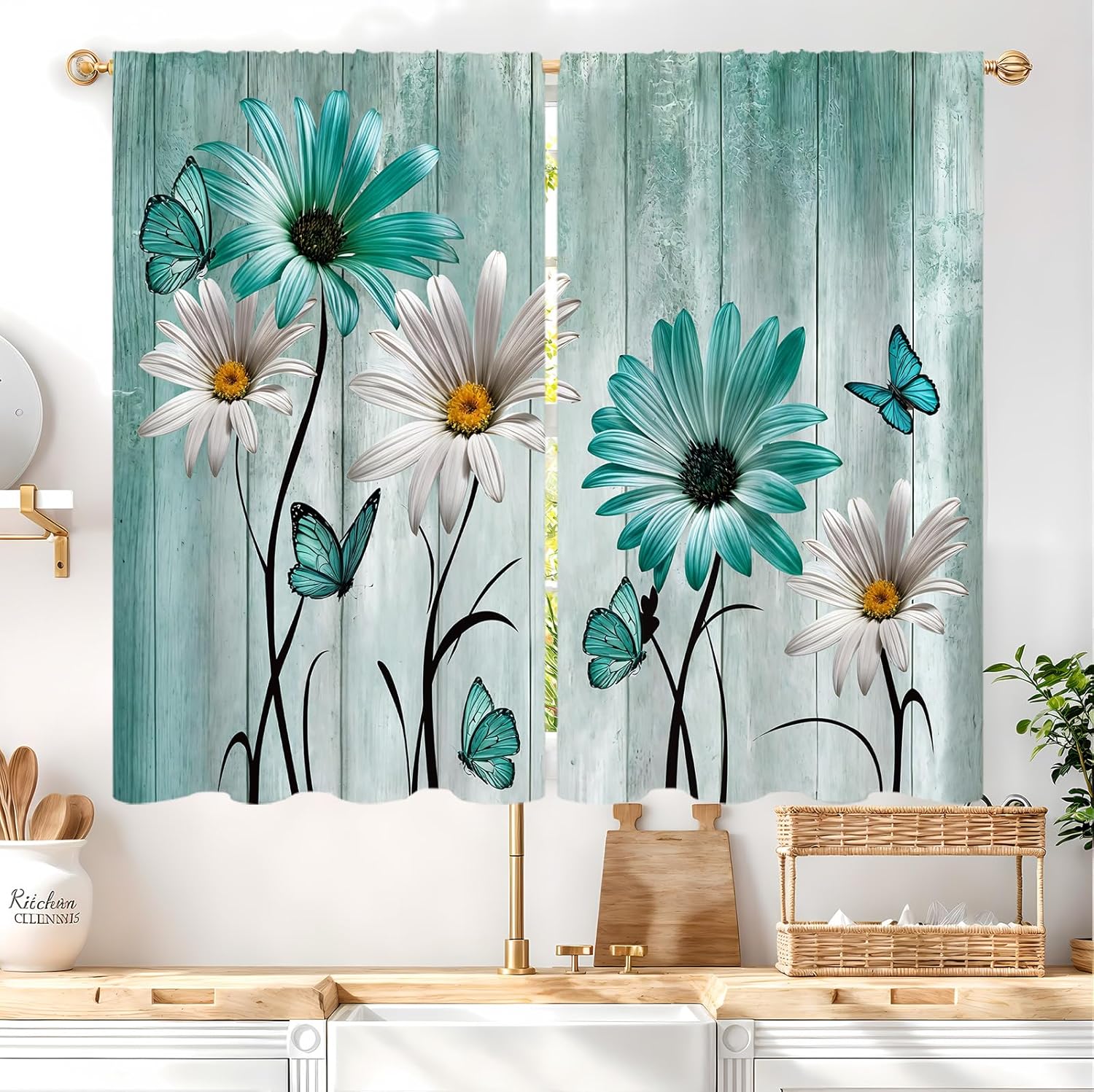 Cortinas de cocina con estampado floral verde azulado de 27.5 pulgadas de ancho x 39 pulgadas de largo, 2 paneles con bolsillo para barra, rústicas,