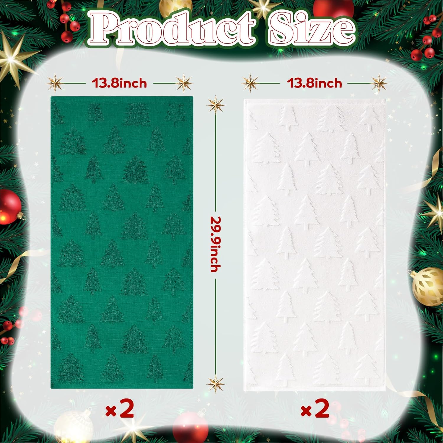 4 Pack Christmas Hand Towels for Bathroom 14" x 30" 3D Jacquard Christmas Tree Towels Absorbent 100% Cotton White Green for Drying Cleaning Bathroom Decor and Xmas Decorative Gifts - Image 2
