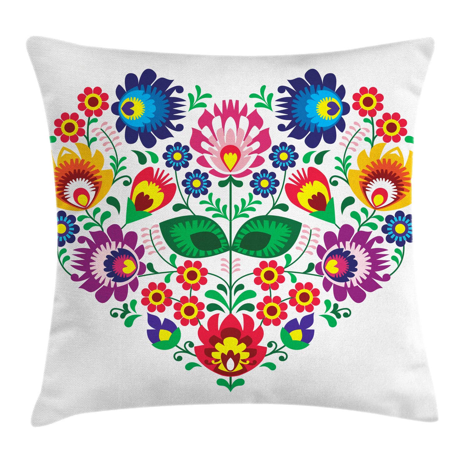 Ambesonne Polish Folk Art Throw Pillow Cushion Cover, Folkloric Slav Motif Graphic Shape as Heart with Colorful Spring Flowers, Decorative Square Accent Pillow Case, 18