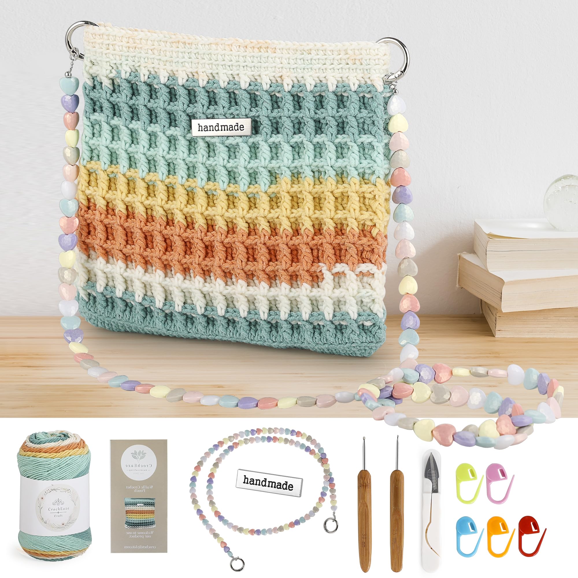 CrochEaze Crochet Kit for Beginners, Crochet Tote Bag Set with Step-by-Step Video Tutorials, Including Gradient Color Yarn, Crochet Hook, Heart-Shaped Bag Strap (Orange)
