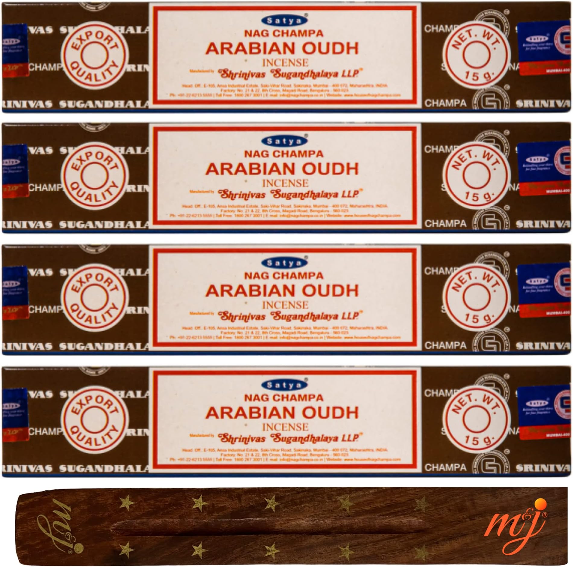 Original Satya Nag Champa Arabian Oodh Incense Sticks | with M&J incense sticks holder | x4 pack | for Aromatherapy, Spa, Yoga, Weddings, Meditation, Healing, Positivity and Relaxation