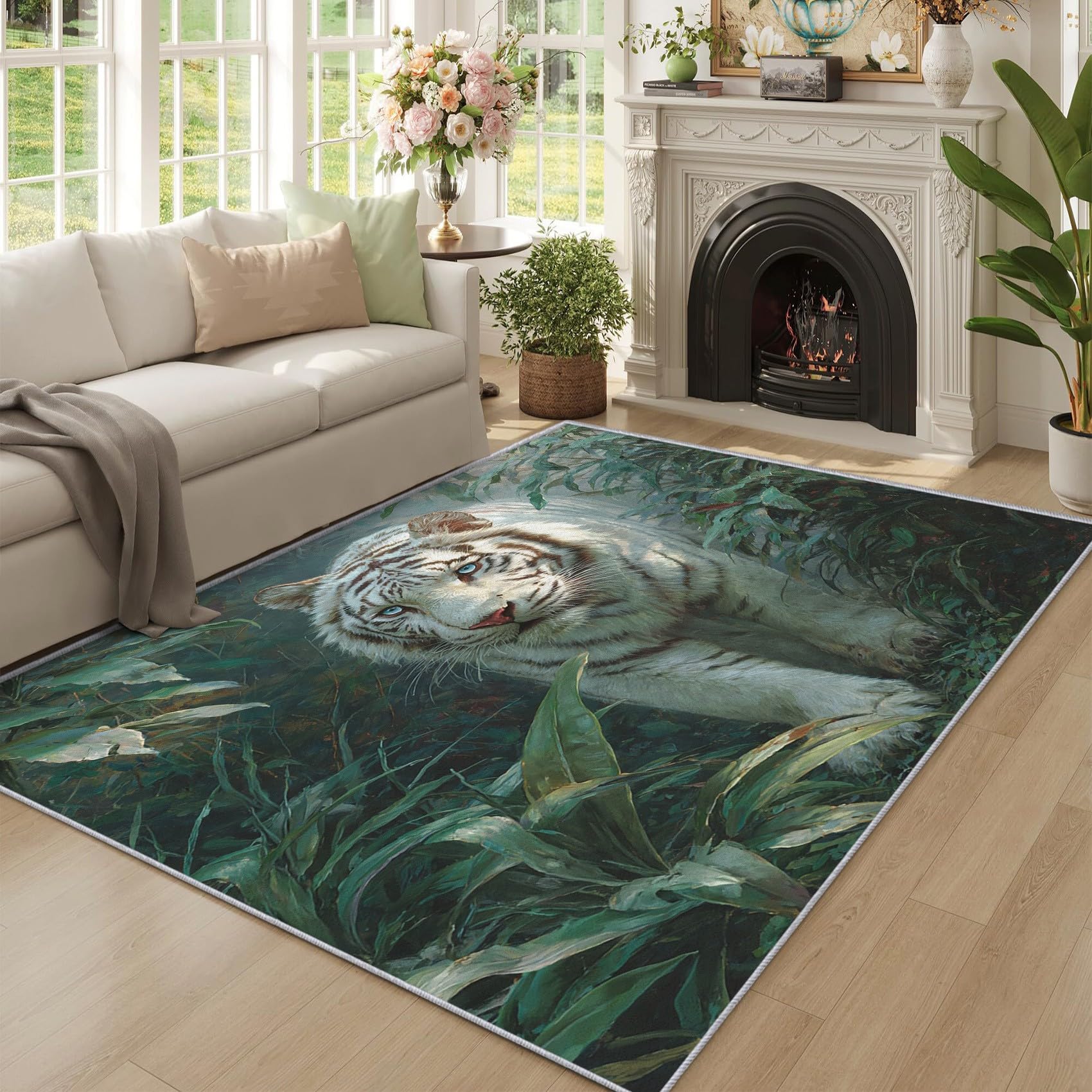 Tapis salon tigre blanc lavable et grand tapis motif animaux sauvages pour chambre