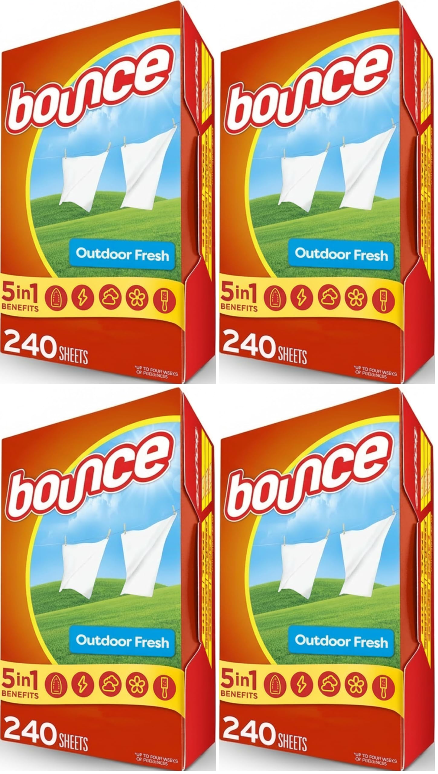 Bounce Fabric Softener Sheets,Outdoor Fresh Scent,240 Count (Pack of 4)