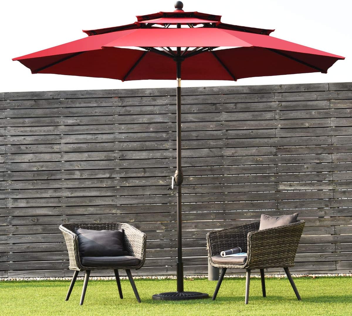 Tangkula 10 Ft 3 Tier Patio Umbrella, Outdoor Aluminum Double Vented Tilt Umbrella with Crank, for Market, Backyard, Poolside, Garden (Burgundy)