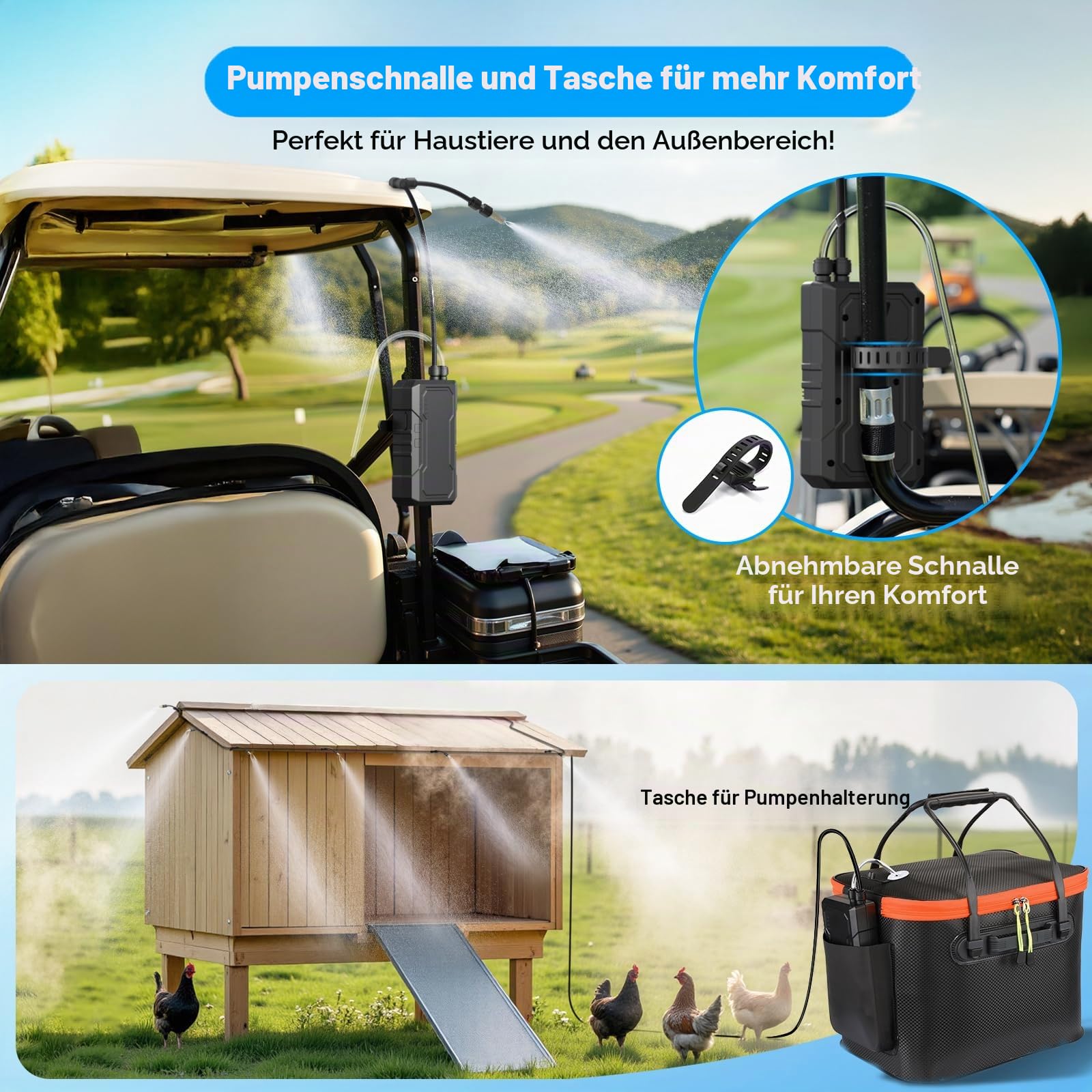 Ausic Tragbares Nebelsystem Für Außenterrasse, Wasserkühlung Mit Batteriebetriebener Pumpe (max. 8 Stunden), Eimer, 7, Schlauch, Terrassen-Nebel Heckklappe, Weide, Camping, Vordach, Sport, 20 L, M