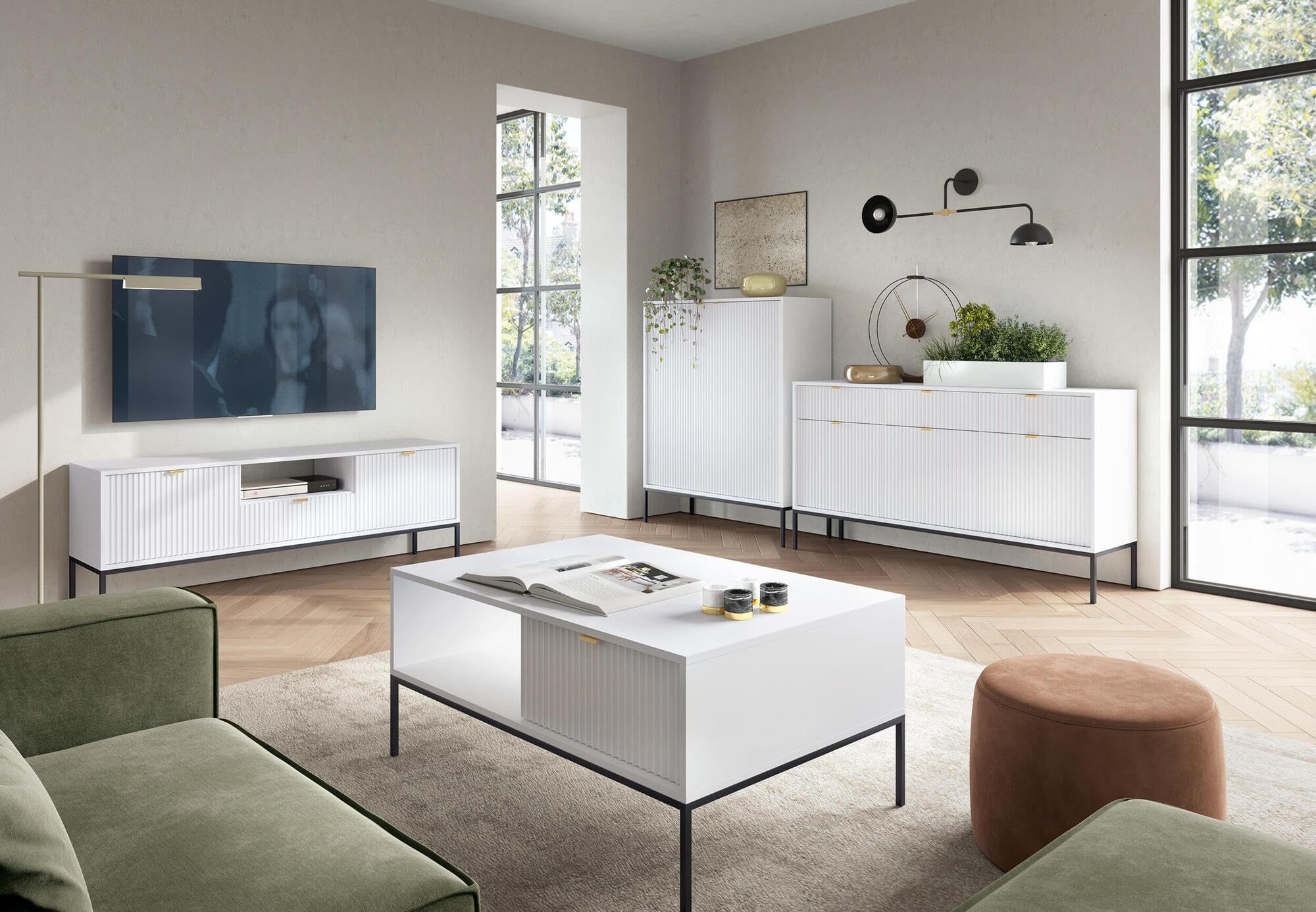 Sideboard, Retro-Stil, Weiß, 154 x 39 x 83 cm, 51 kg, 3 Türen mit Schubladen, Engineered Holz und Stahl
