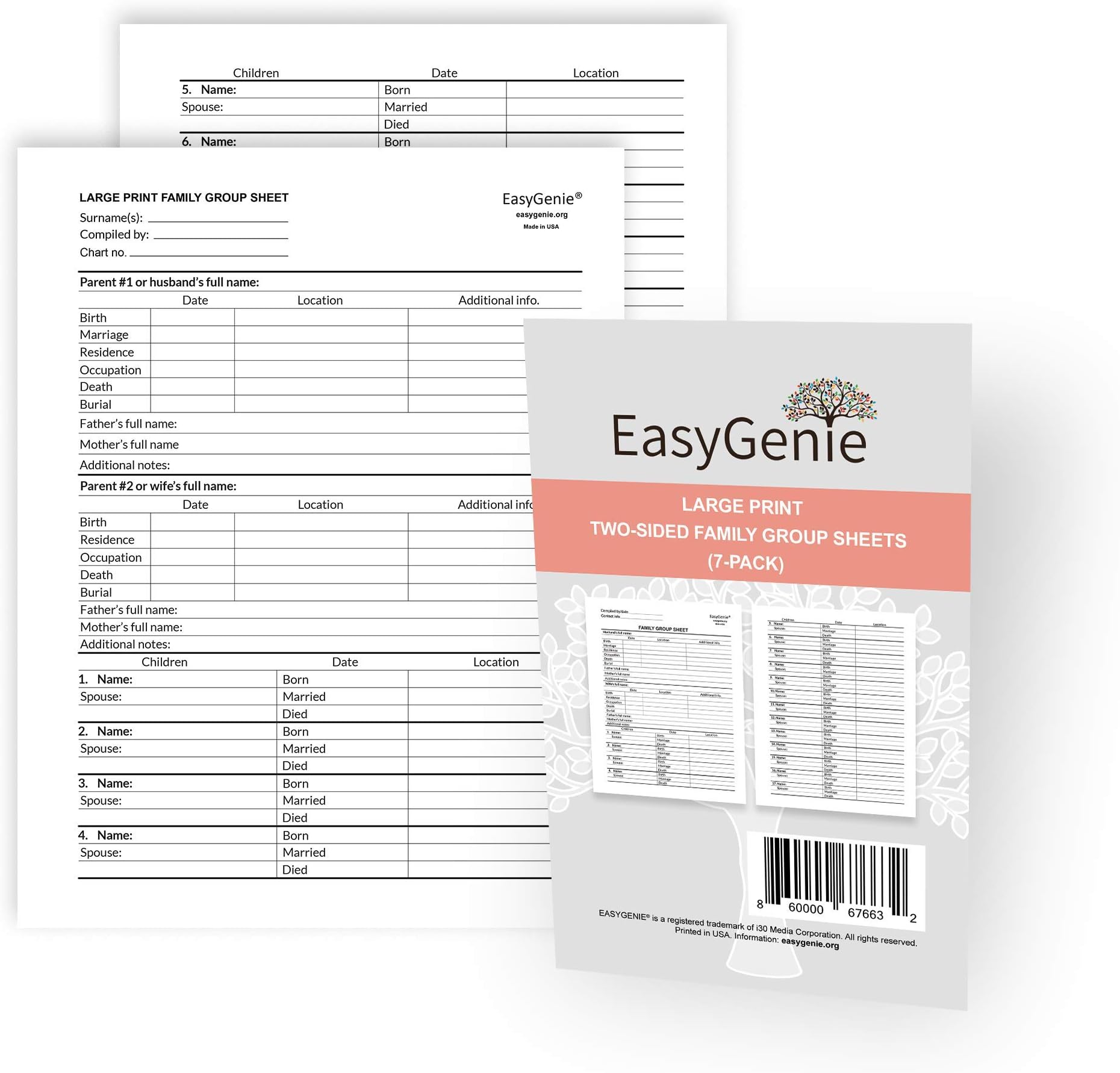 LARGE PRINT Two-Sided Family Group Sheets for Genealogists (7-pack) by EasyGenie | Archival-Quality Genealogy Forms