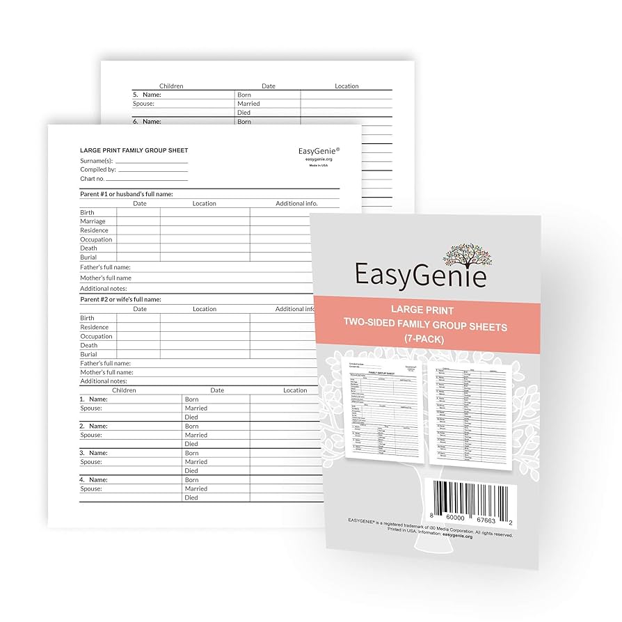 Amazon.com : LARGE PRINT Two-Sided Family Group Sheets for Genealogists (7-pack) by EasyGenie | Archival-Quality Genealogy Forms : Arts, Crafts & Sewing amazon-com-large-print-two-sided-family-group-sheets-for-genealogists-7-pack-by-easygenie-archival-quality-genealogy-forms-arts-crafts-sewing
